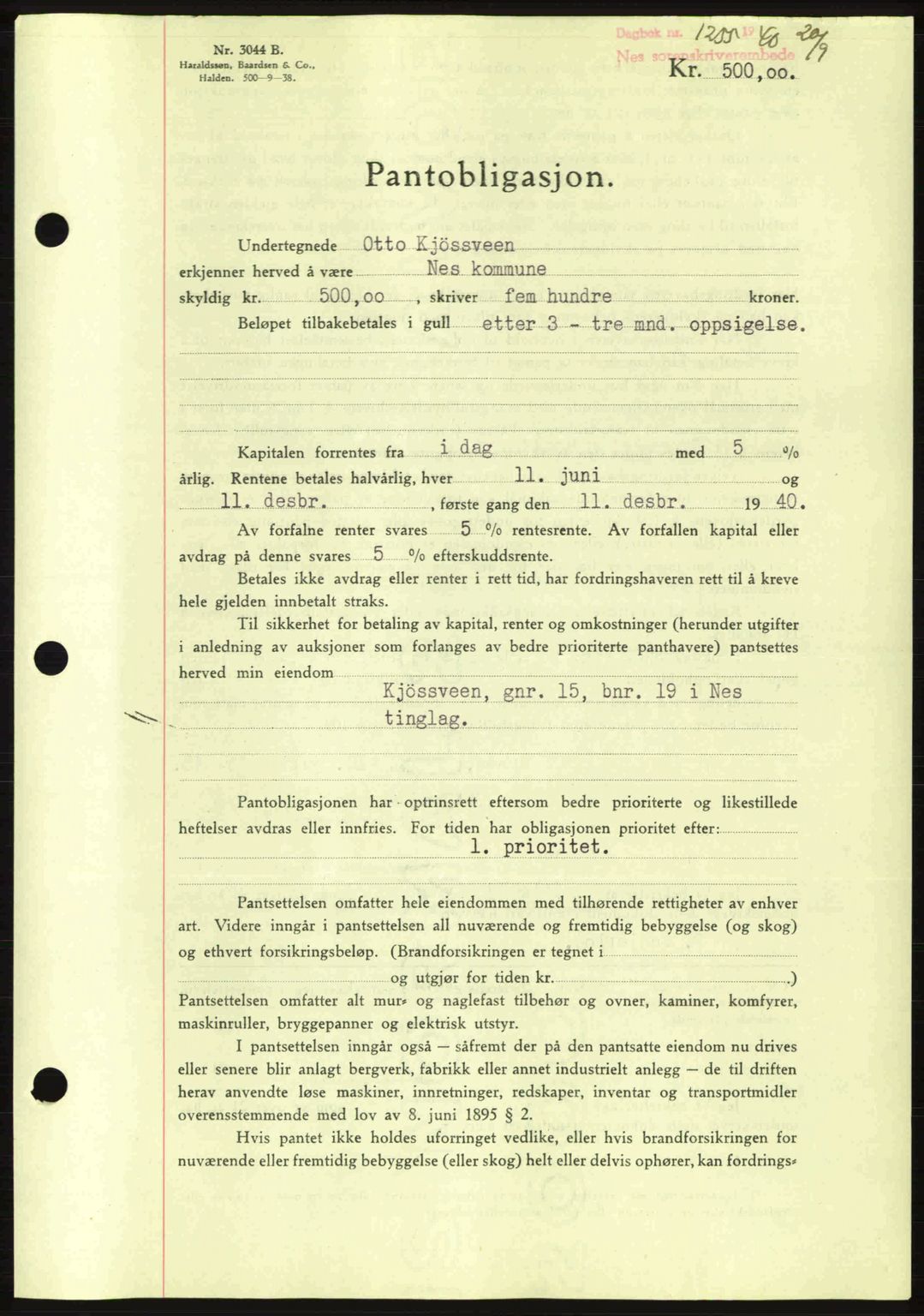 Nes tingrett, SAO/A-10548/G/Gb/Gbb/L0010: Mortgage book no. 54, 1939-1940, Diary no: : 1255/1940