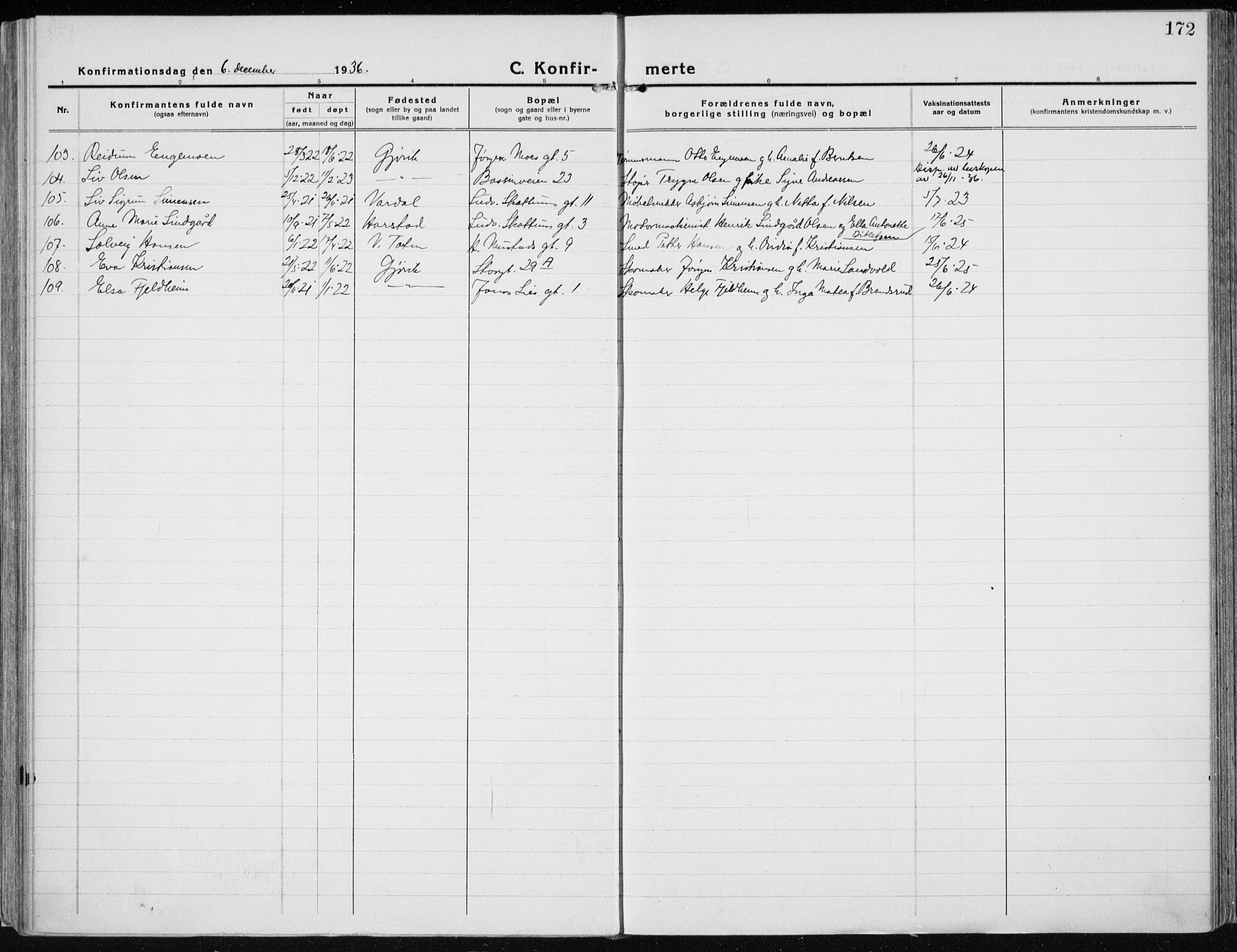 Vardal prestekontor, SAH/PREST-100/H/Ha/Haa/L0015: Parish register (official) no. 15, 1923-1937, p. 172