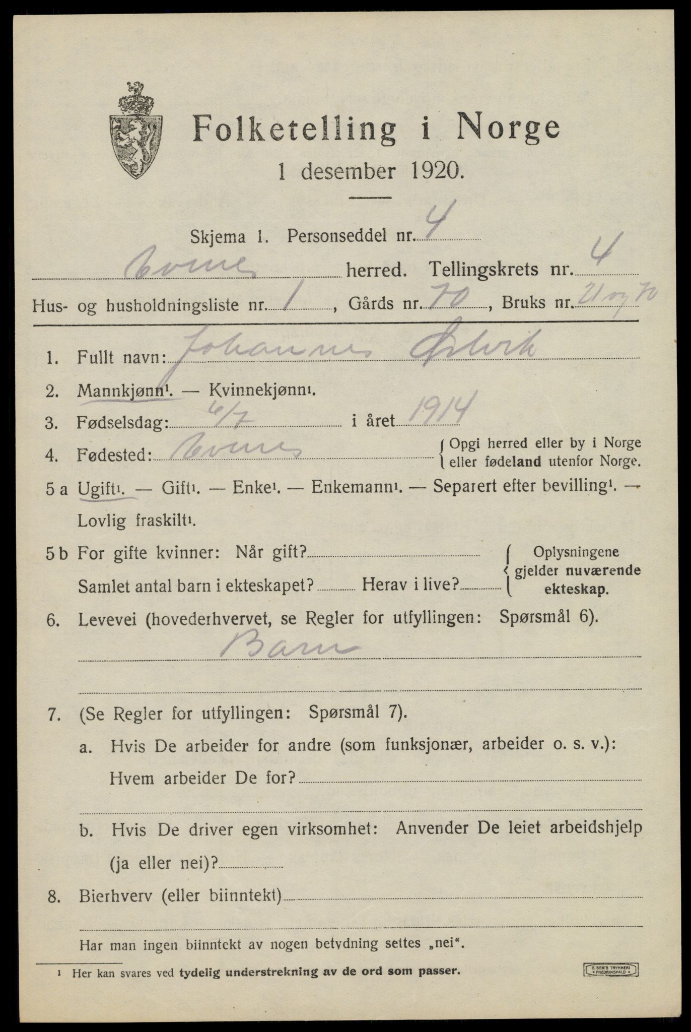 SAT, 1920 census for Evenes, 1920, p. 13188