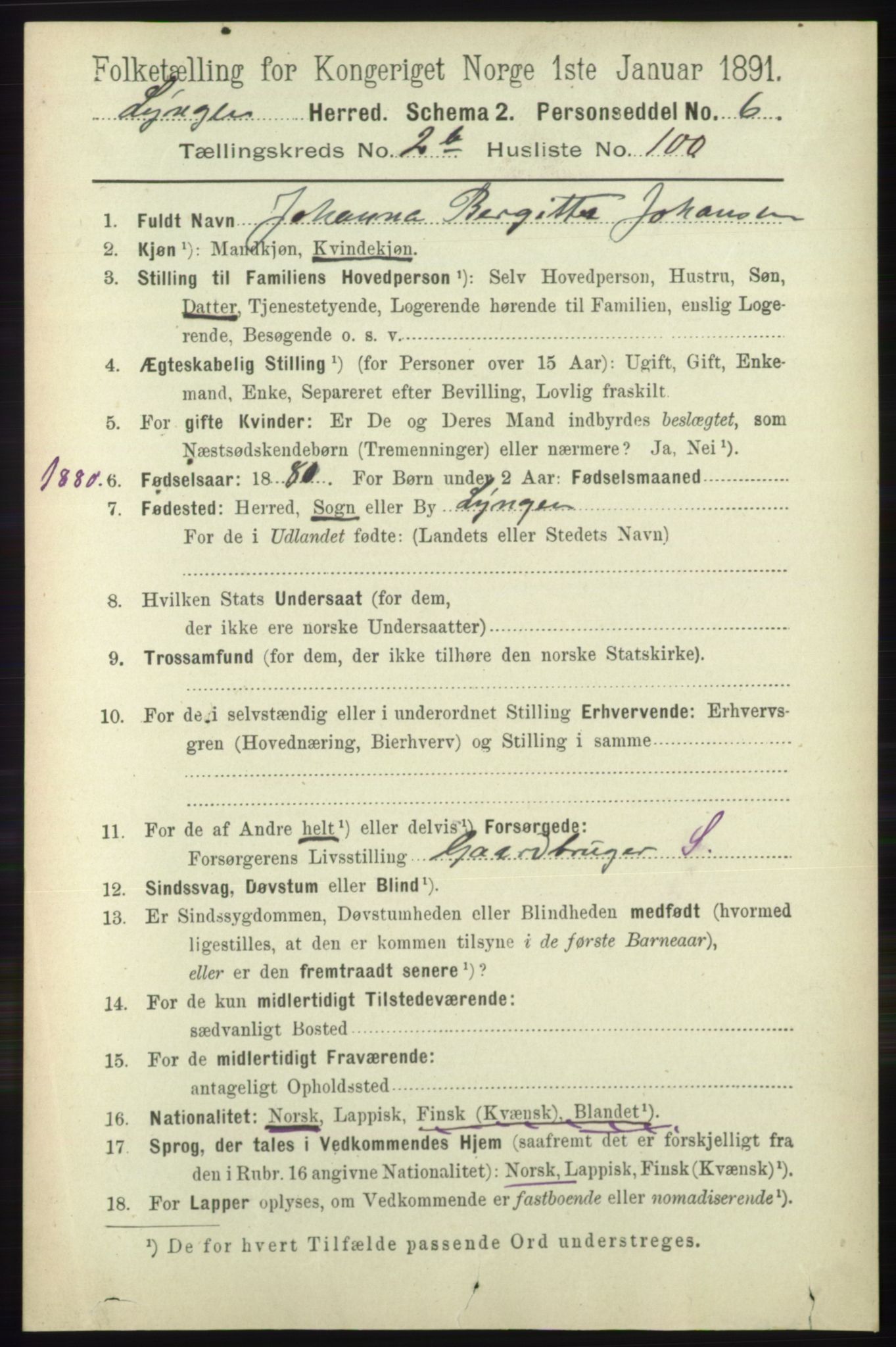 RA, 1891 census for 1938 Lyngen, 1891, p. 3063