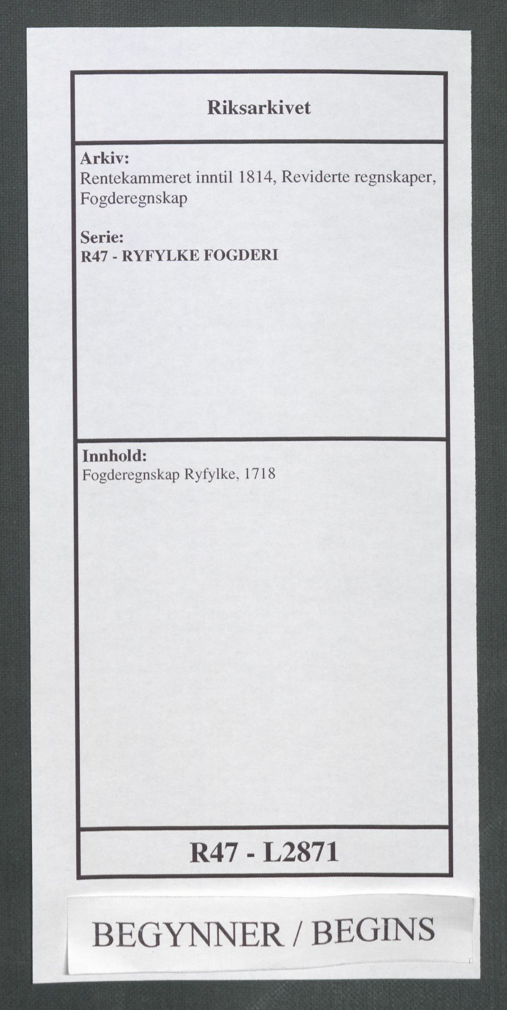 Rentekammeret inntil 1814, Reviderte regnskaper, Fogderegnskap, RA/EA-4092/R47/L2871: Fogderegnskap Ryfylke, 1718, p. 1