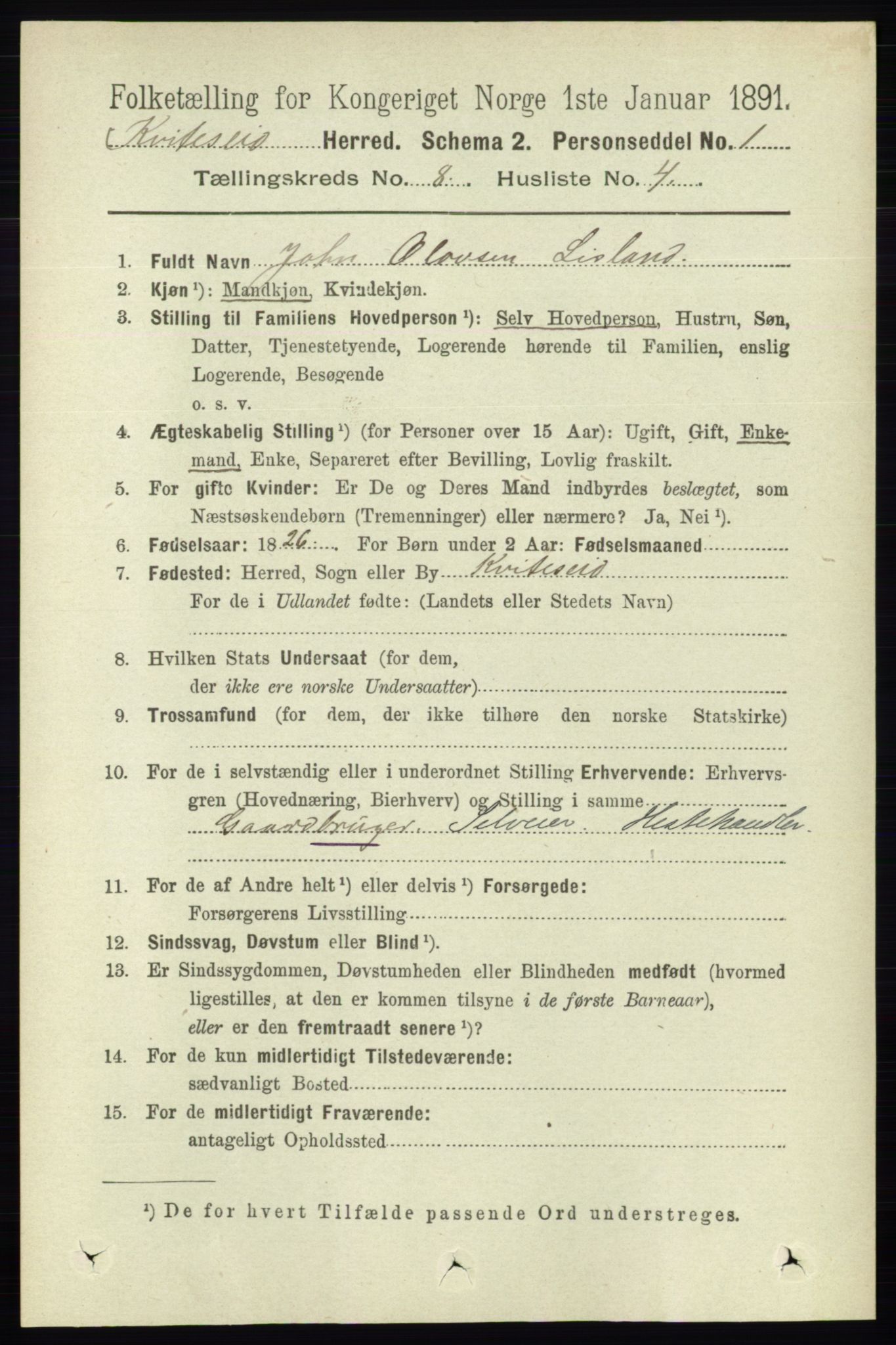 RA, 1891 census for 0829 Kviteseid, 1891, p. 1622