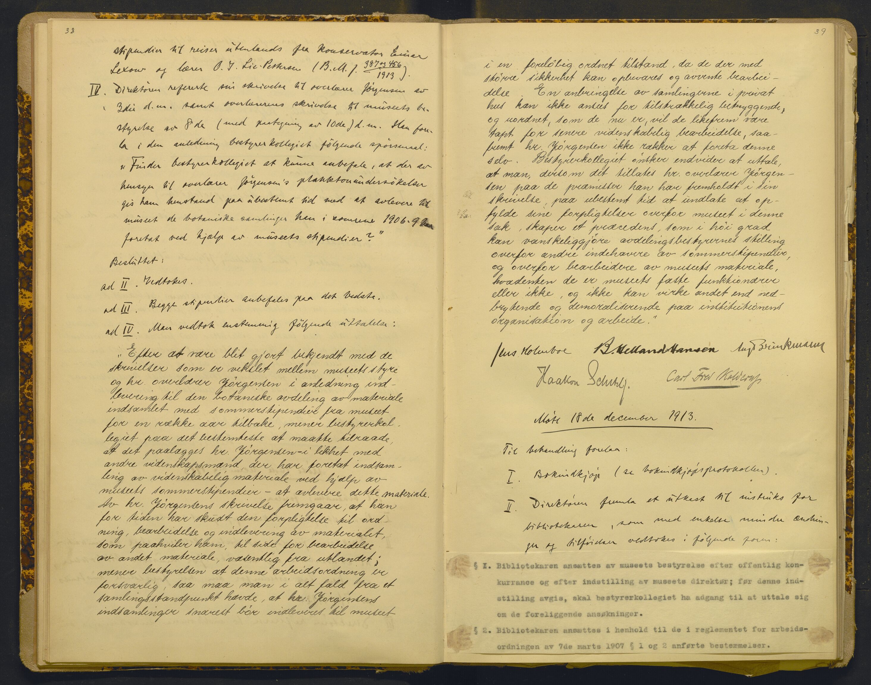 Bergens Museum, AV/SAB-A-17301/18/A/L0001: Bestyrerkollegiets forhandlingsprotokoll med register , 1907-1927, p. 38-39