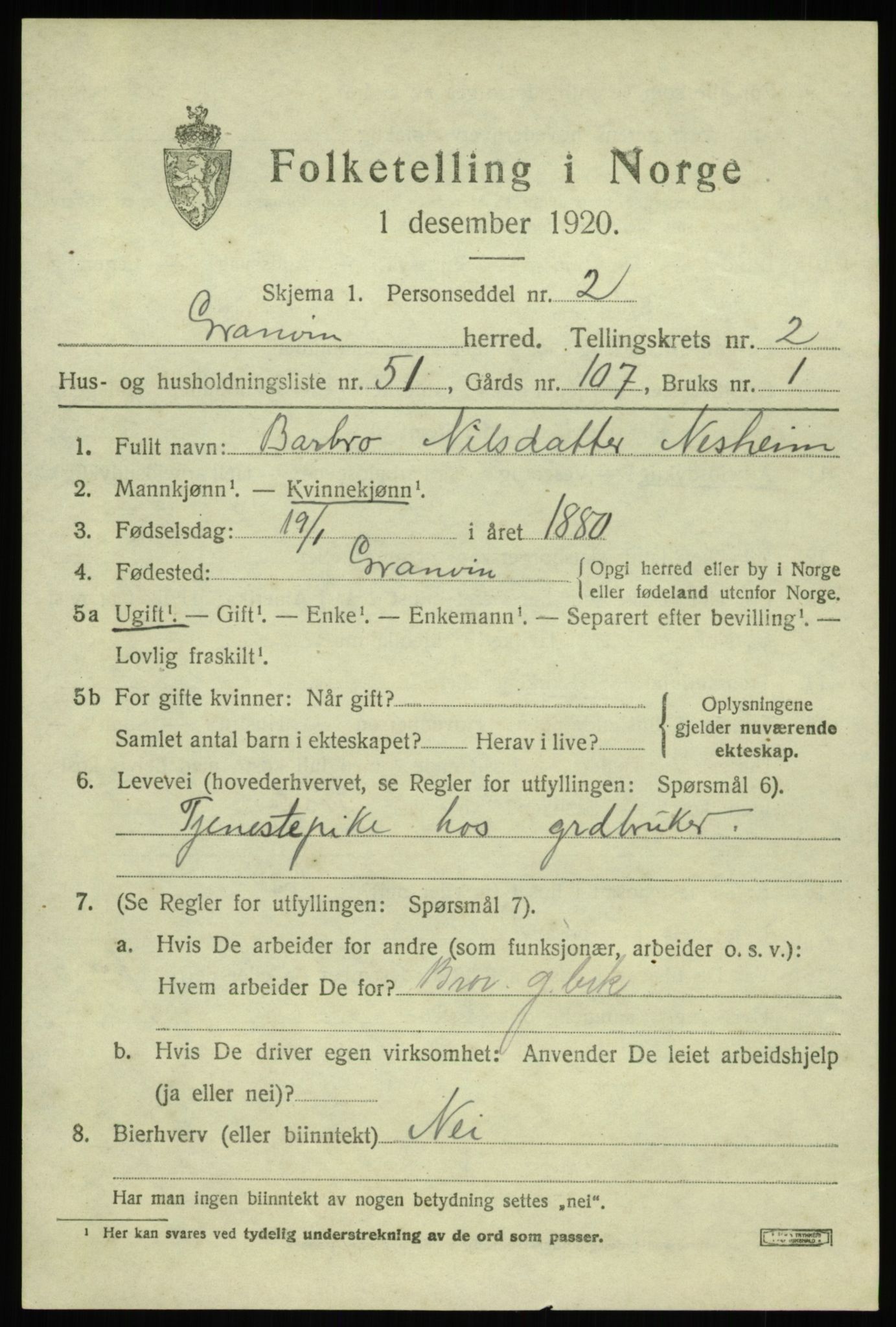 SAB, 1920 census for Granvin, 1920, p. 1148