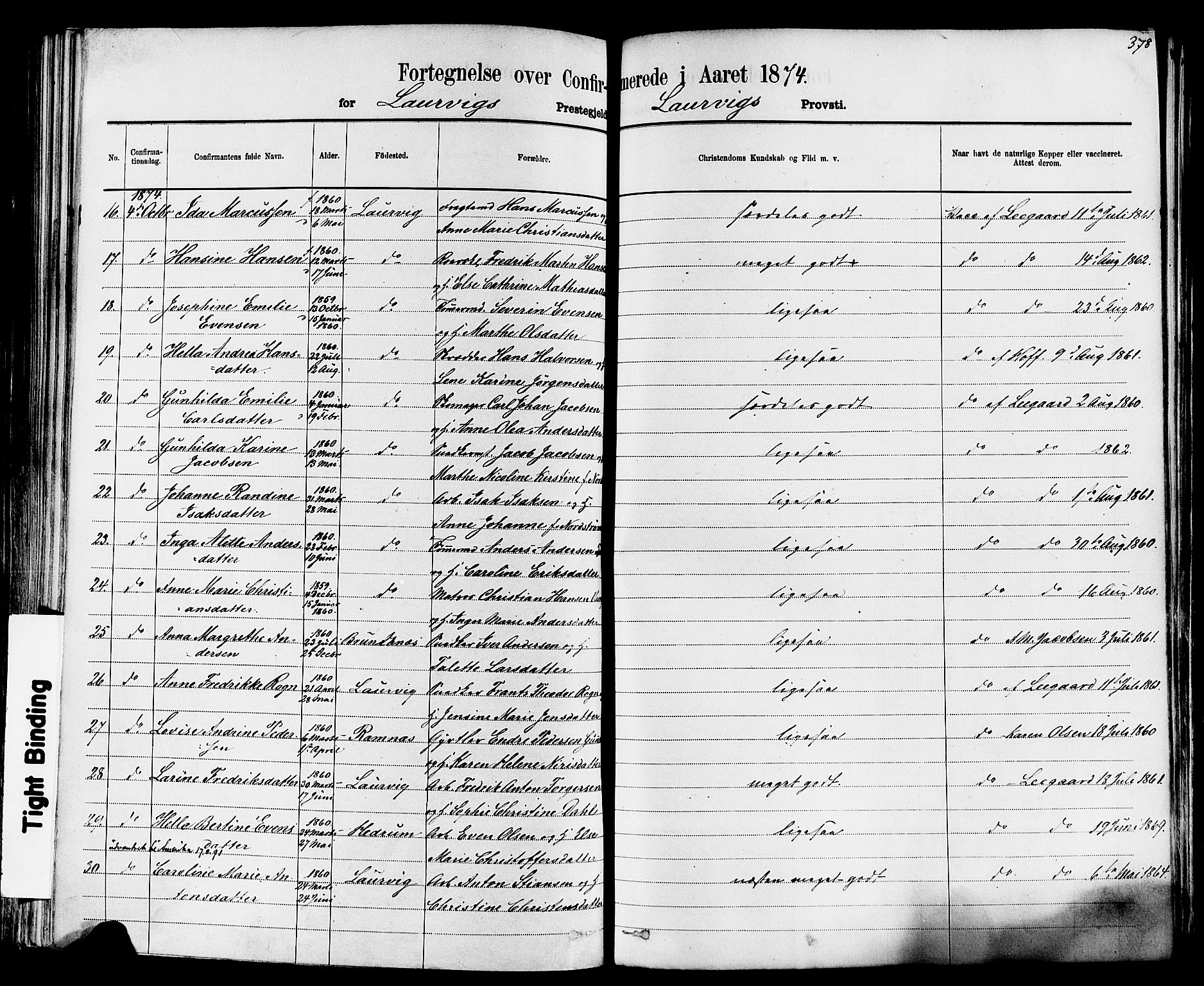 Larvik kirkebøker, AV/SAKO-A-352/F/Fa/L0006: Parish register (official) no. I 6, 1871-1883, p. 378