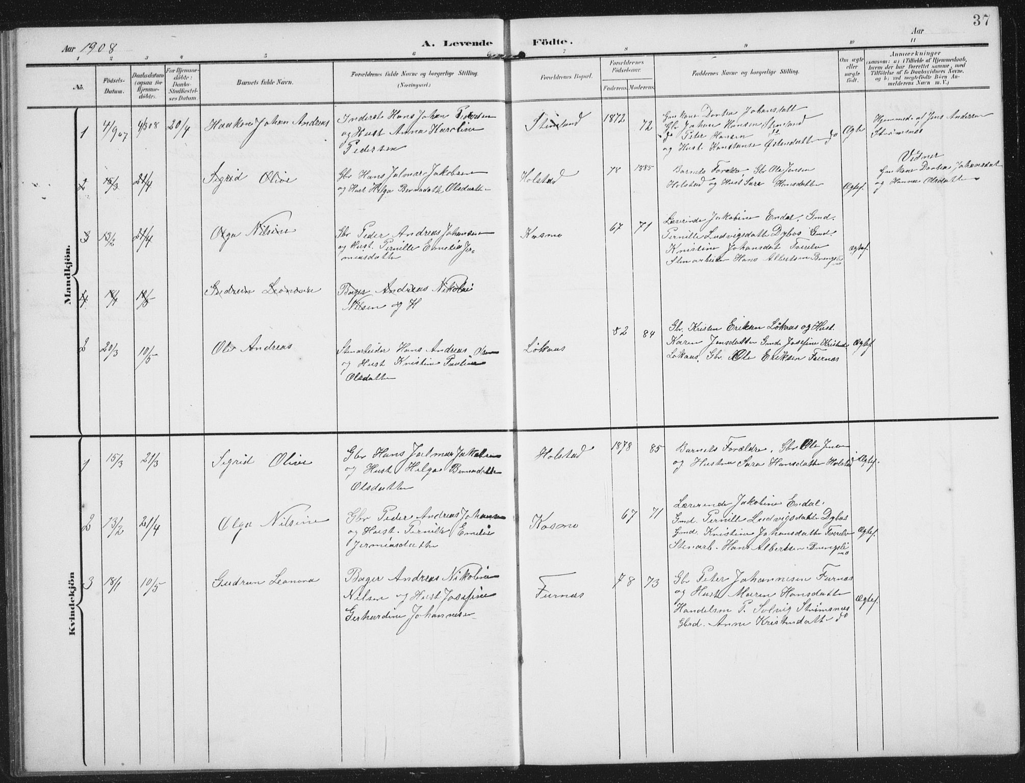 Ministerialprotokoller, klokkerbøker og fødselsregistre - Nordland, AV/SAT-A-1459/851/L0726: Parish register (copy) no. 851C01, 1902-1924, p. 37