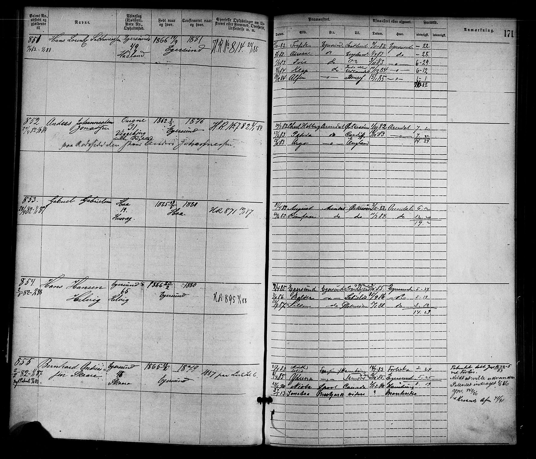 Egersund mønstringskrets, SAK/2031-0019/F/Fa/L0001: Annotasjonsrulle nr 1-1440 med register, O-1, 1869-1895, p. 192
