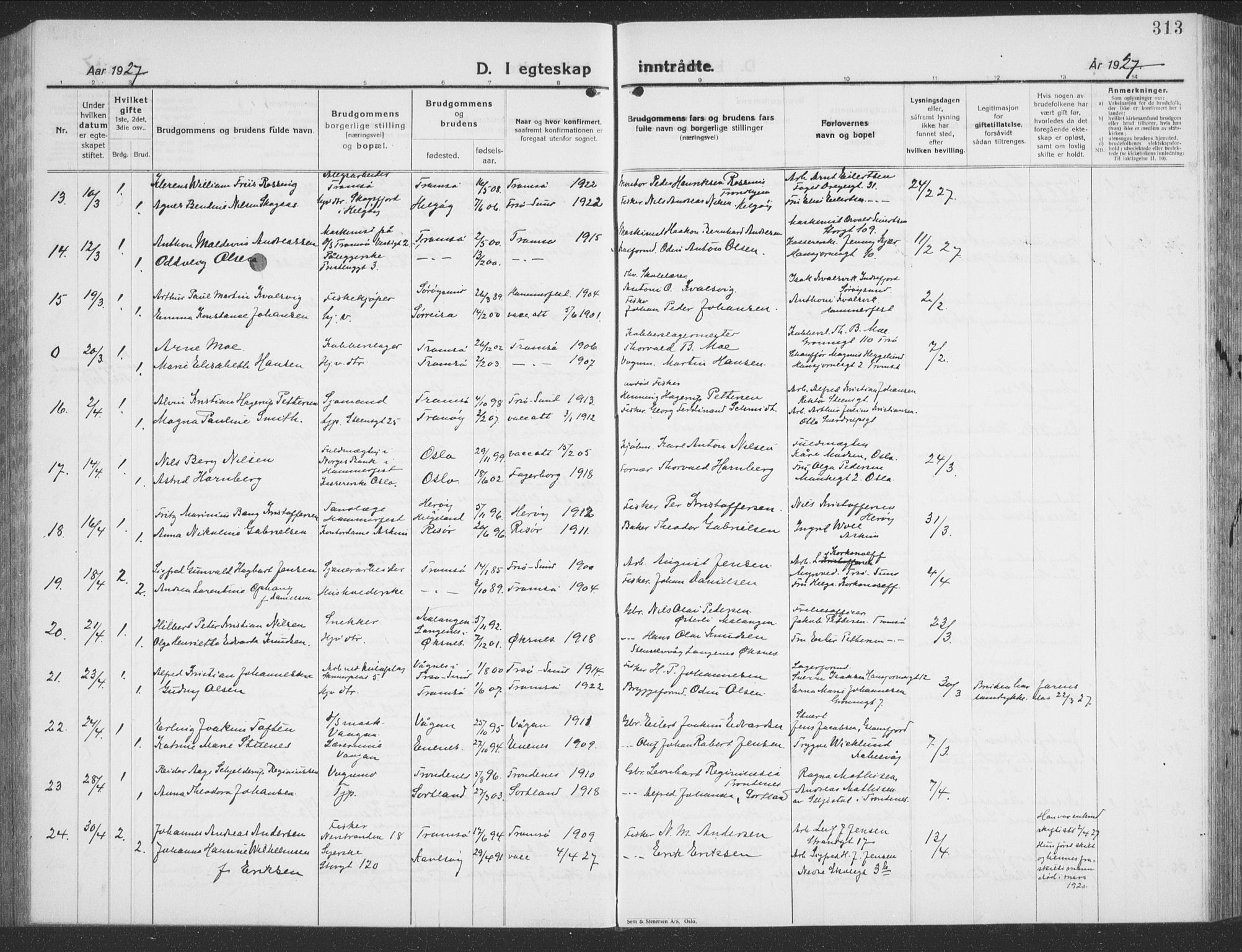 Tromsø sokneprestkontor/stiftsprosti/domprosti, SATØ/S-1343/G/Gb/L0010klokker: Parish register (copy) no. 10, 1925-1937, p. 313