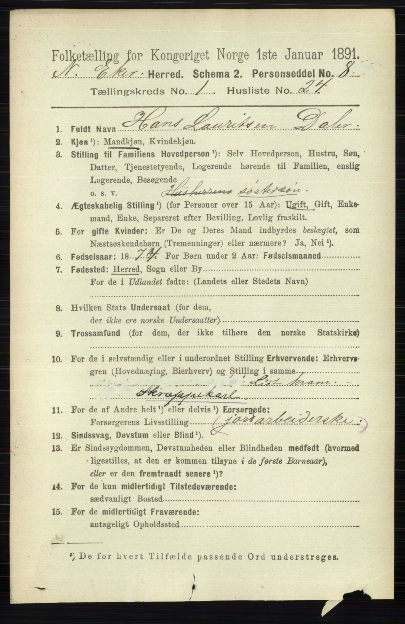 RA, 1891 census for 0625 Nedre Eiker, 1891, p. 216