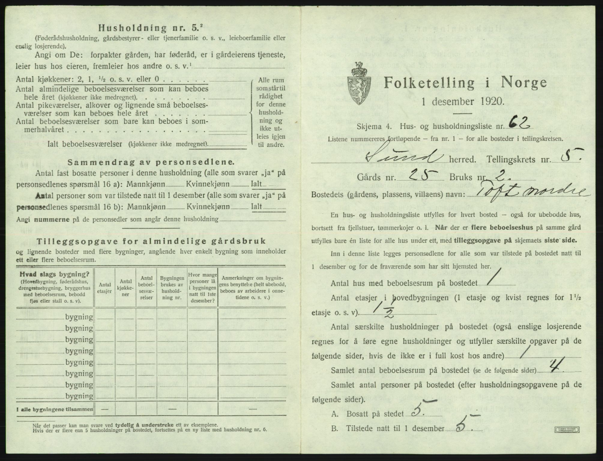 SAB, 1920 census for Sund, 1920, p. 492