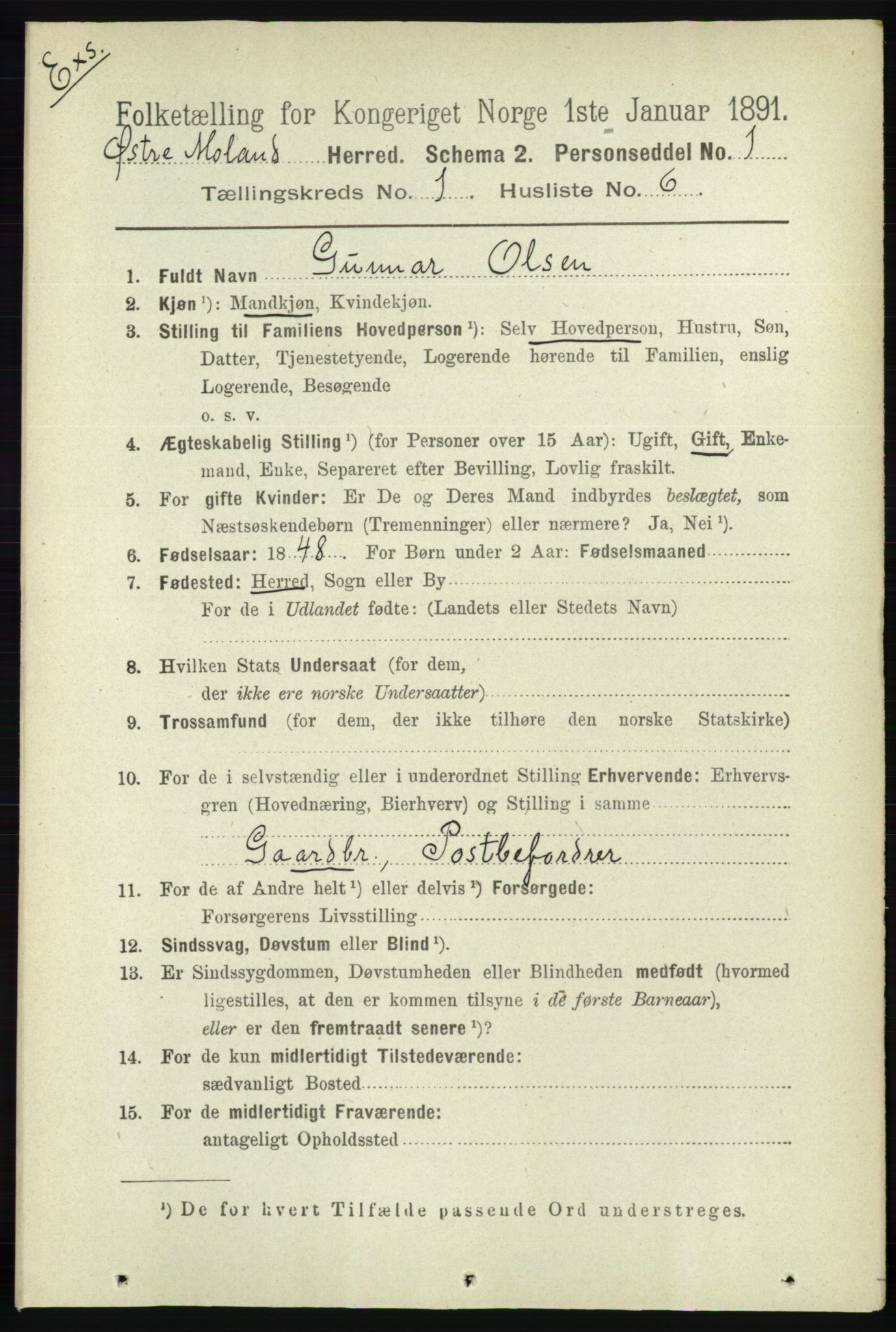 RA, Census 1891 for Nedenes amt: Gjenparter av personsedler for beslektede ektefeller, menn, 1891, p. 459