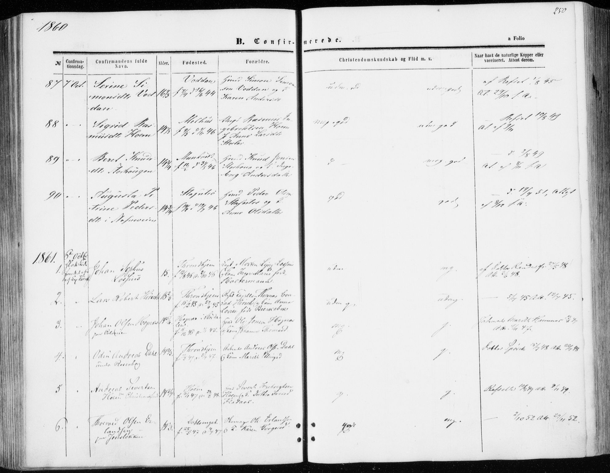 Ministerialprotokoller, klokkerbøker og fødselsregistre - Sør-Trøndelag, SAT/A-1456/606/L0292: Parish register (official) no. 606A07, 1856-1865, p. 250