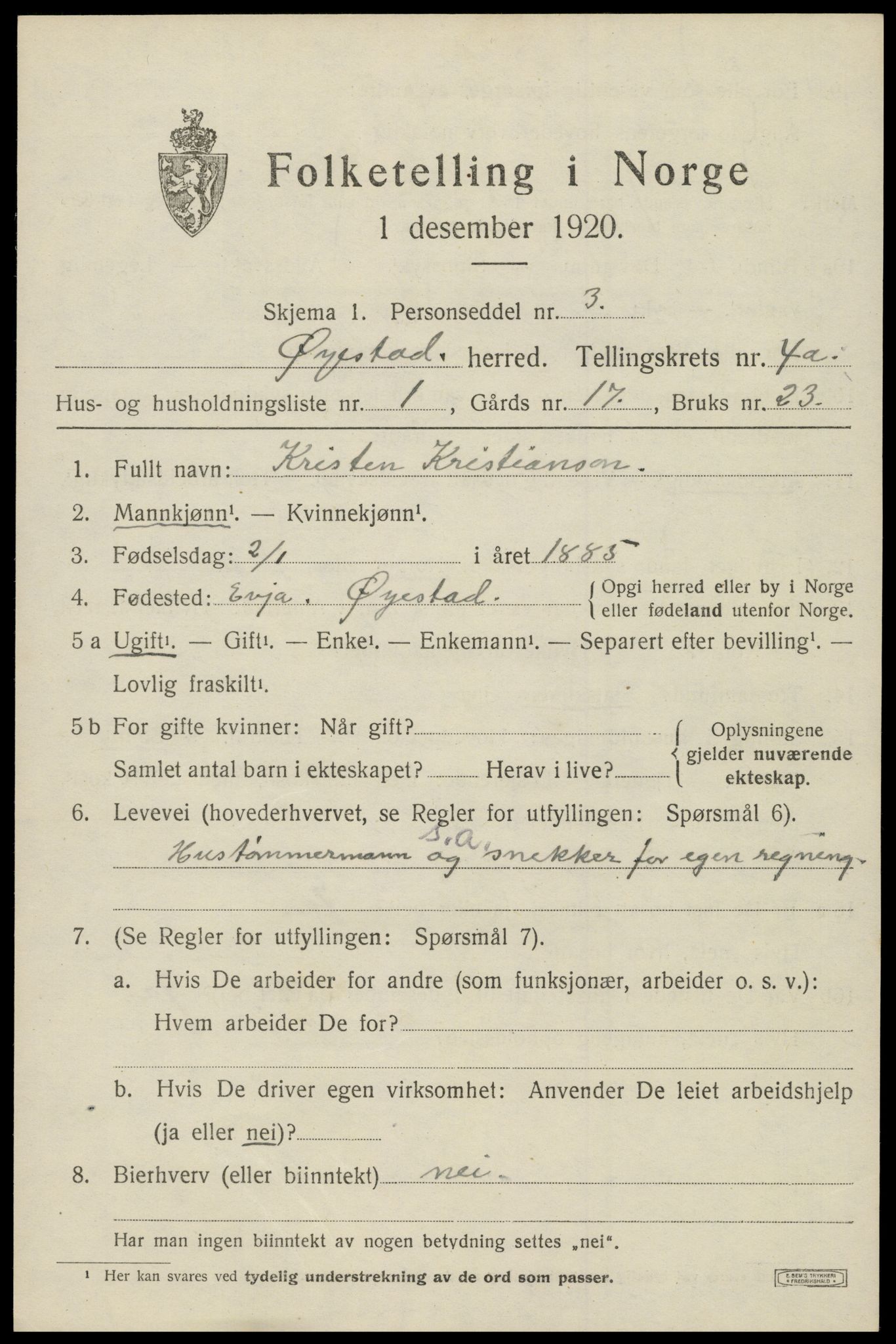 SAK, 1920 census for Øyestad, 1920, p. 3170