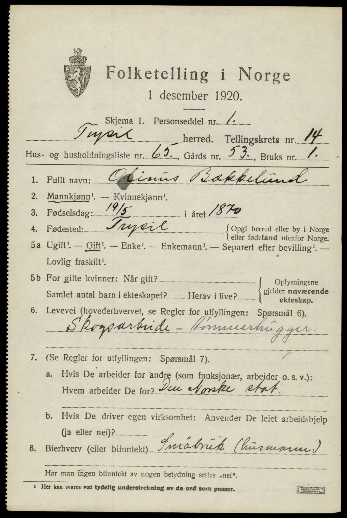 SAH, 1920 census for Trysil, 1920, p. 8705