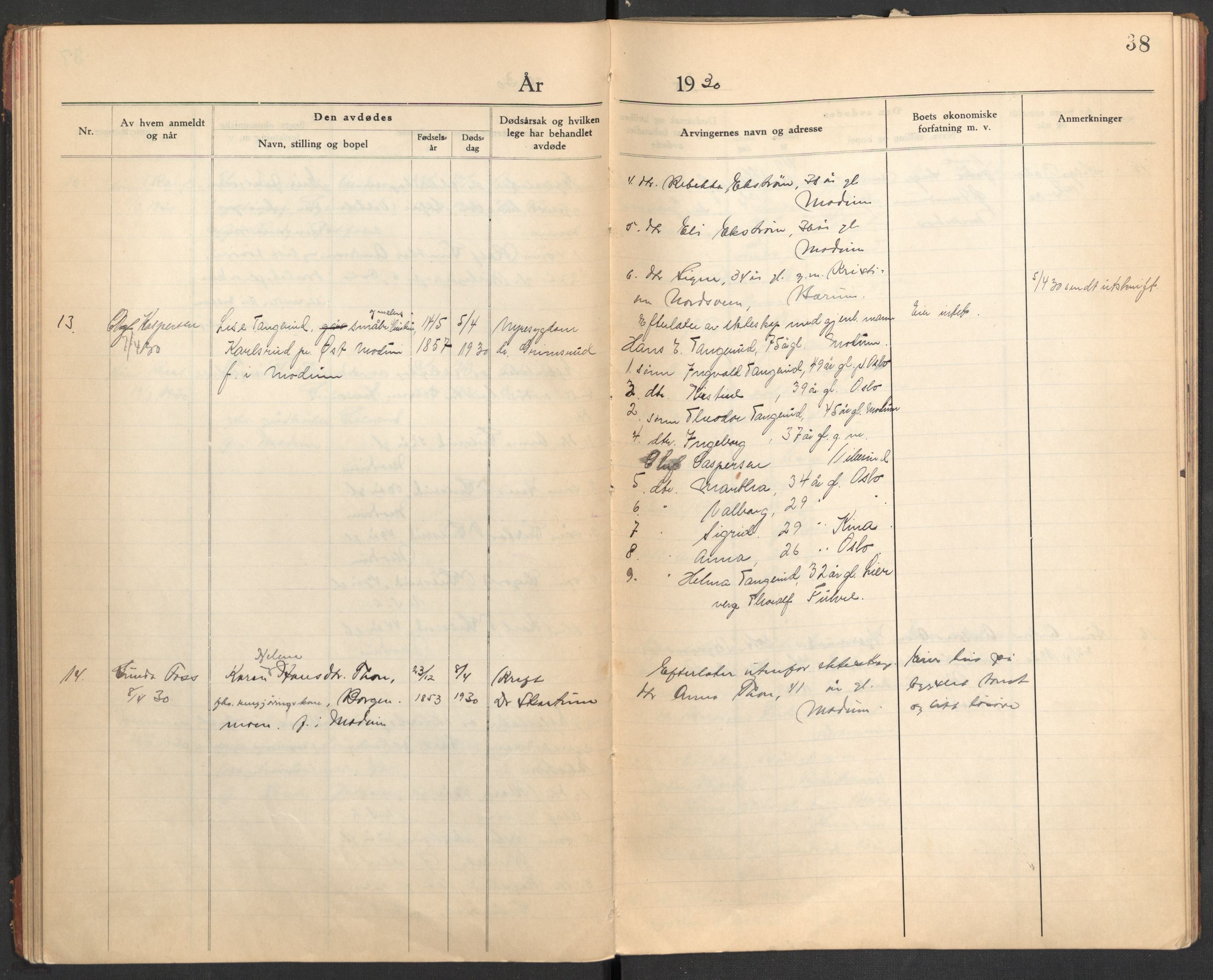 Modum lensmannskontor, AV/SAKO-A-524/H/Ha/Hab/L0006: Dødsfallsprotokoll - Nordre Modum, 1928-1932, p. 38