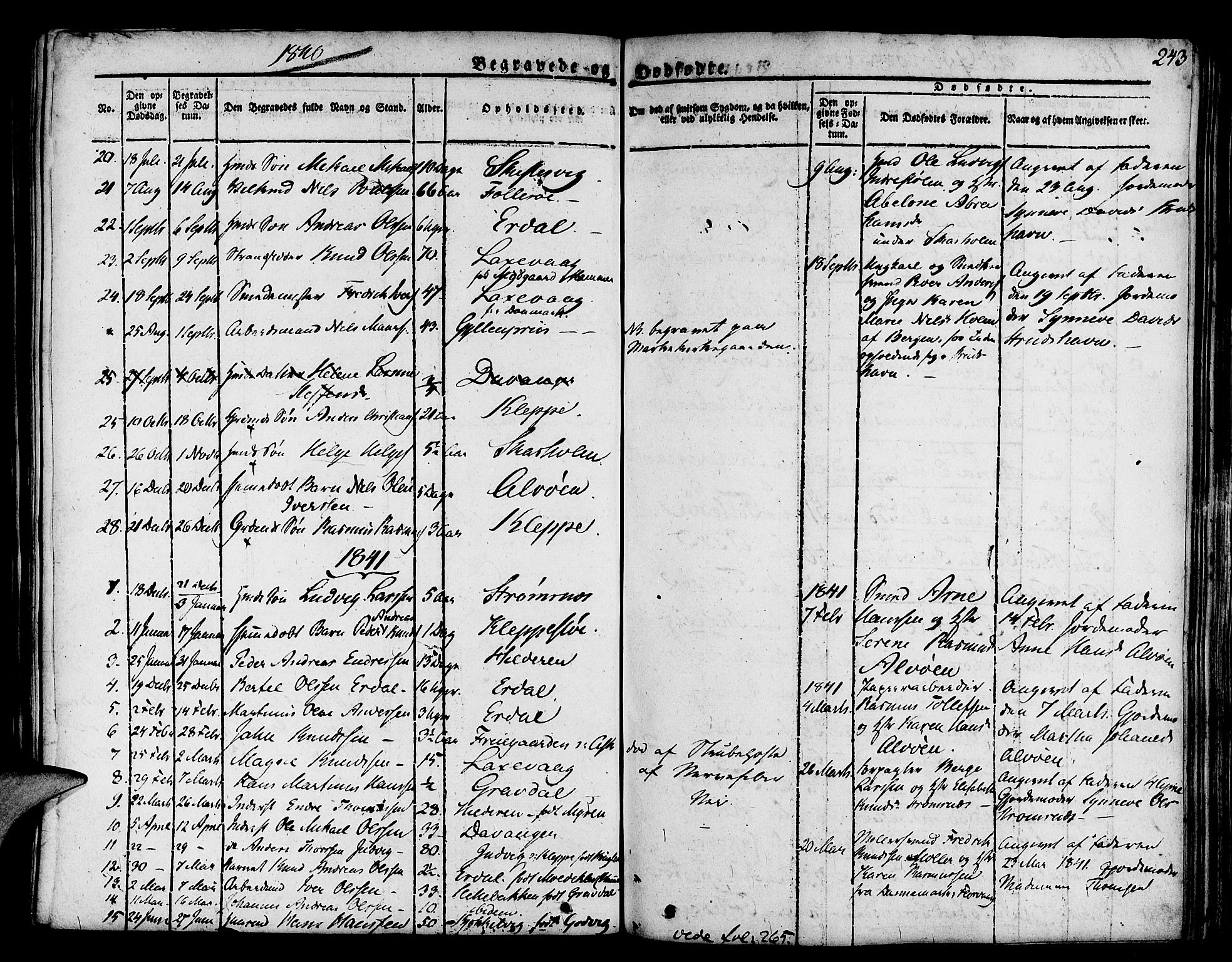 Askøy Sokneprestembete, SAB/A-74101/H/Ha/Haa/Haaa/L0004: Parish register (official) no. A 4, 1825-1845, p. 243