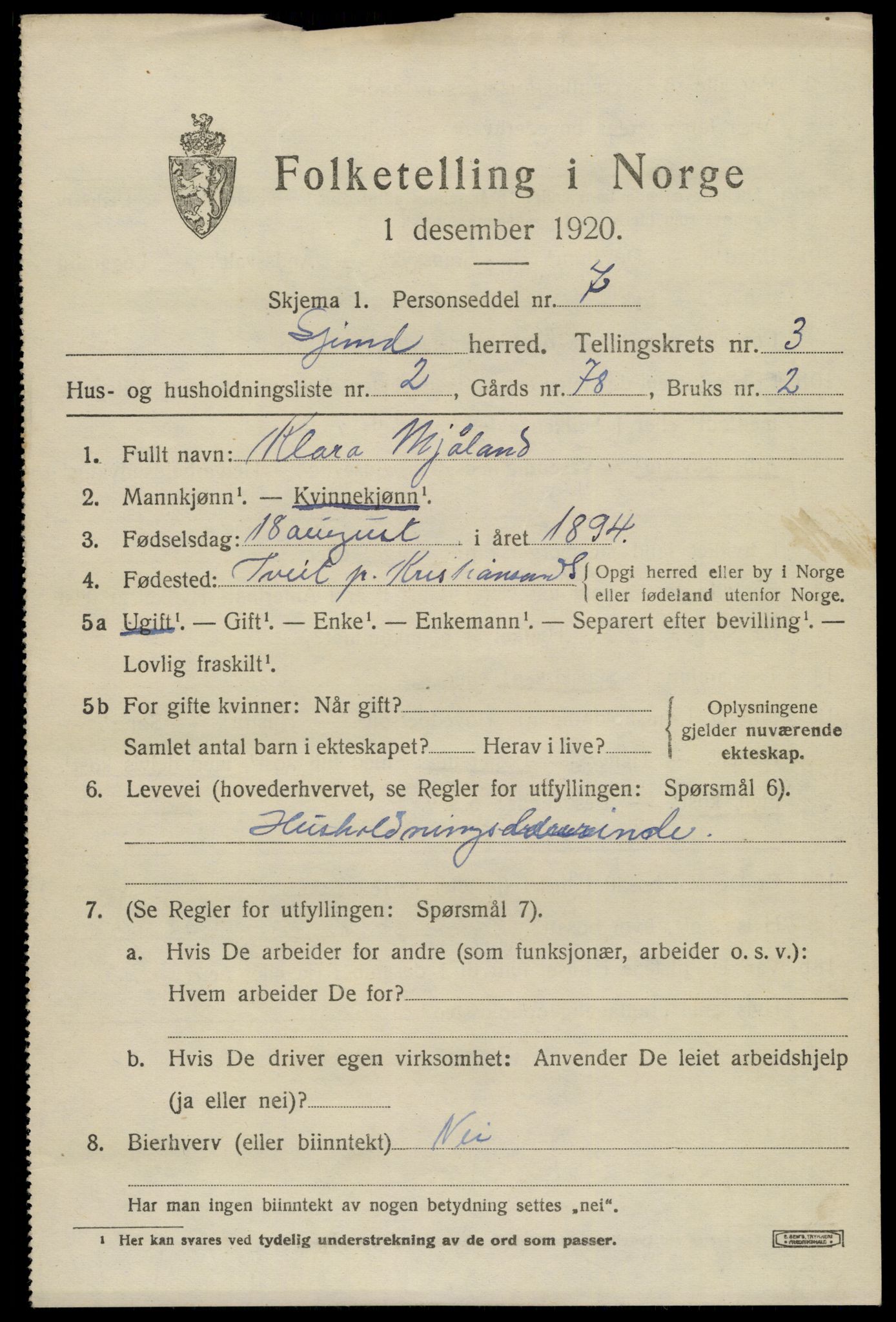 SAK, 1920 census for Spind, 1920, p. 1657
