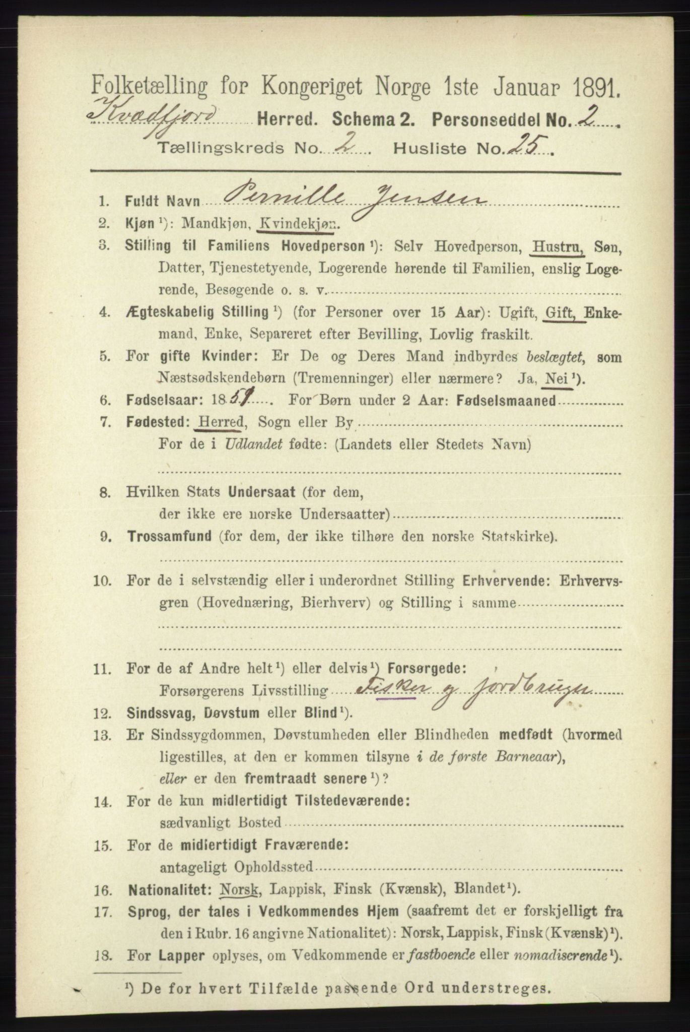 RA, 1891 census for 1911 Kvæfjord, 1891, p. 877