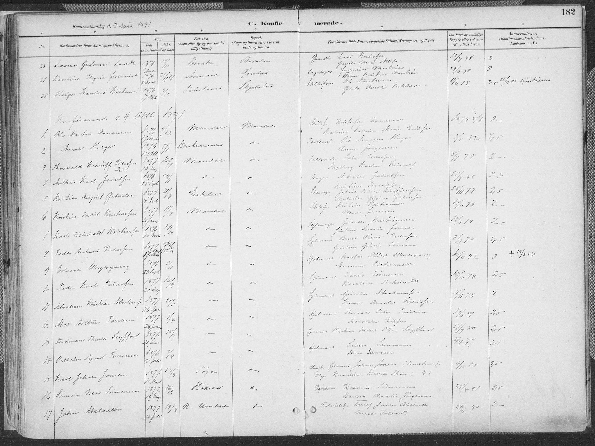 Mandal sokneprestkontor, AV/SAK-1111-0030/F/Fa/Faa/L0018: Parish register (official) no. A 18, 1890-1905, p. 182