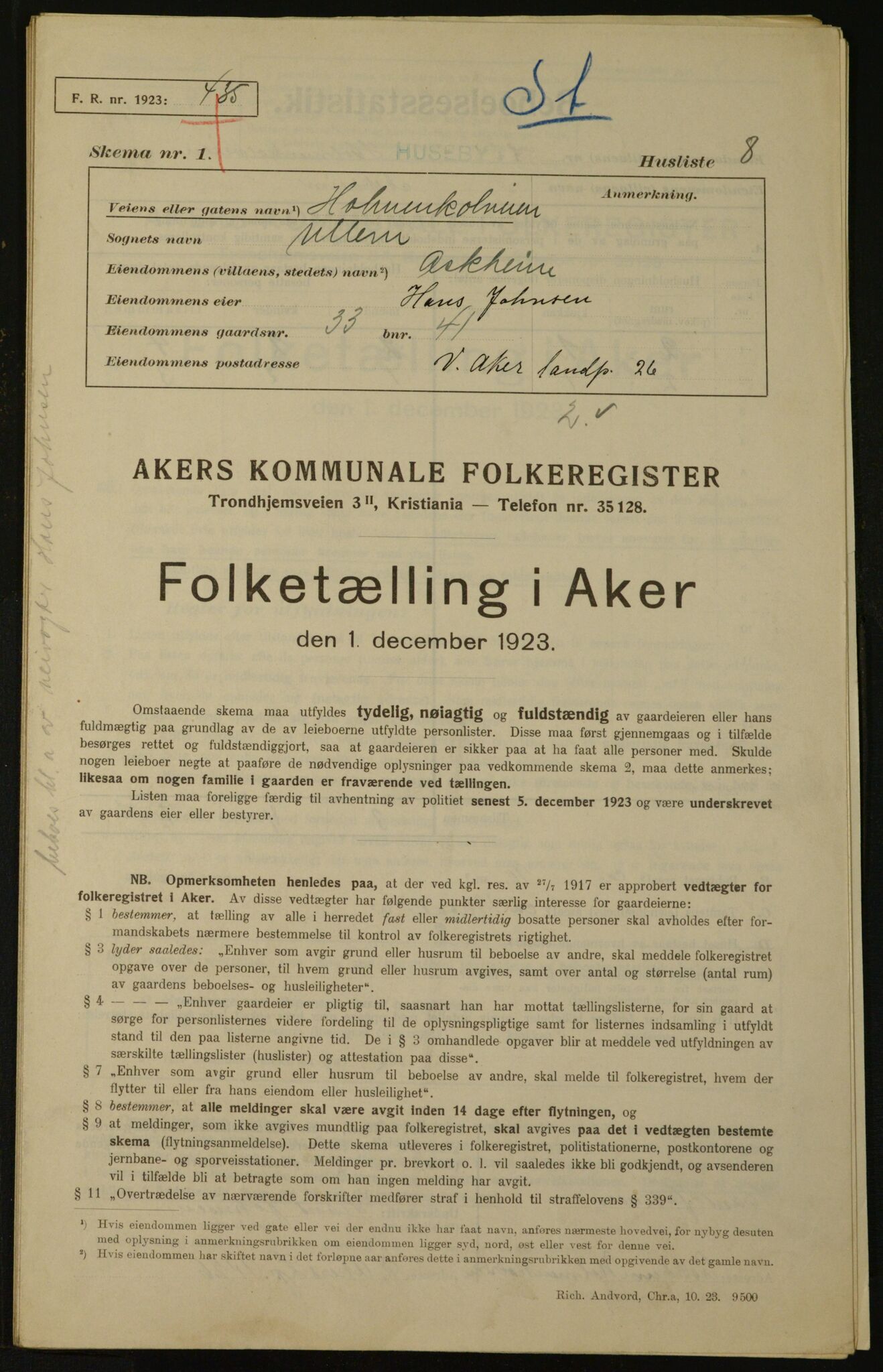 , Municipal Census 1923 for Aker, 1923, p. 2693