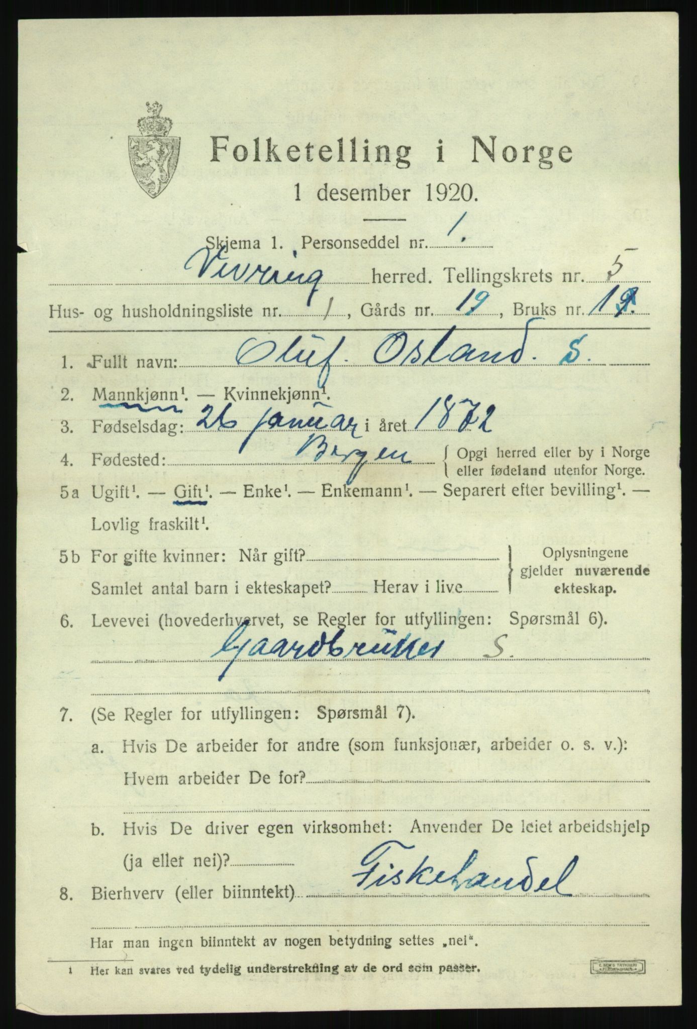 SAB, 1920 census for Vevring, 1920, p. 1416