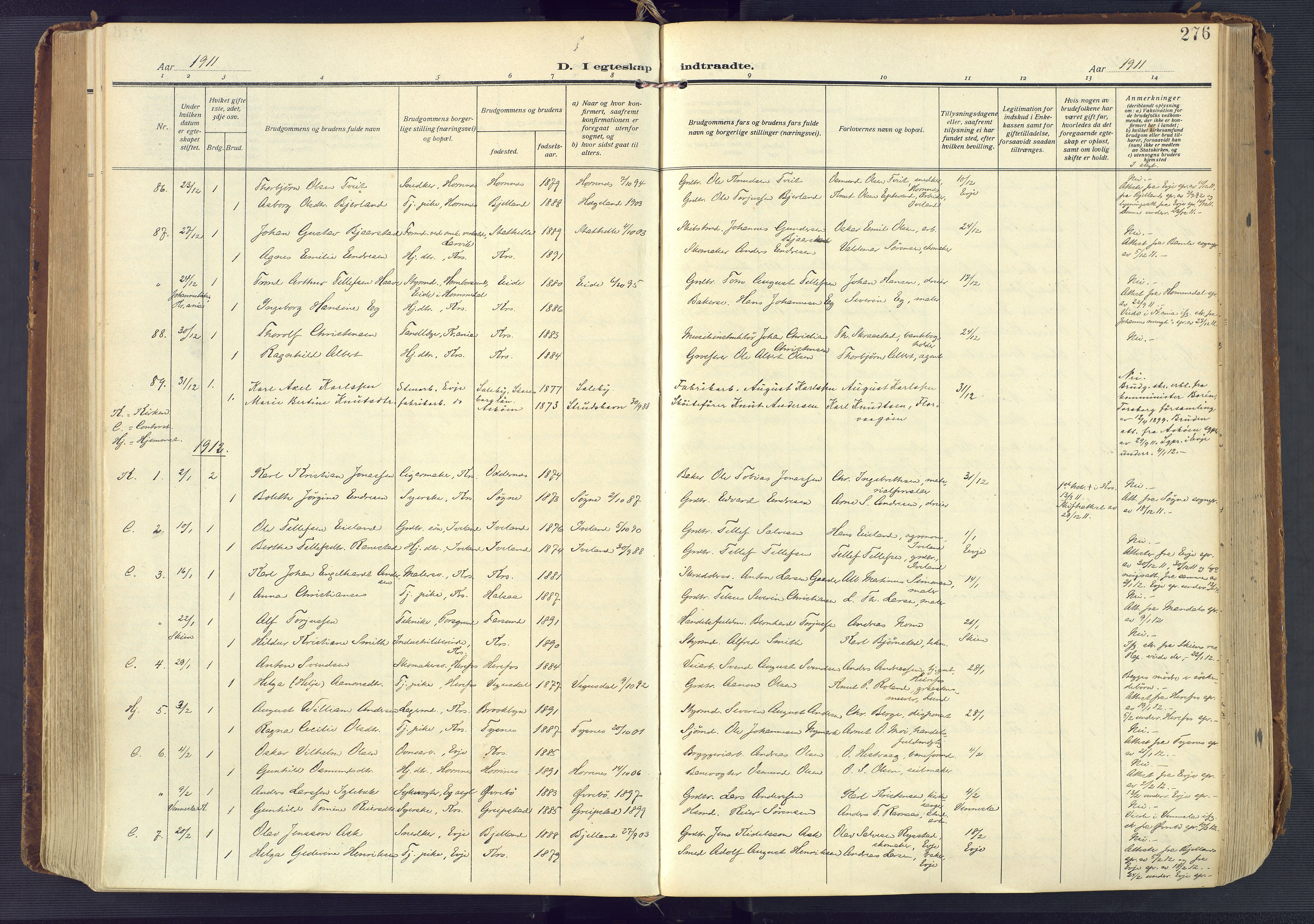 Kristiansand domprosti, AV/SAK-1112-0006/F/Fa/L0023: Parish register (official) no. A 22, 1909-1917, p. 276