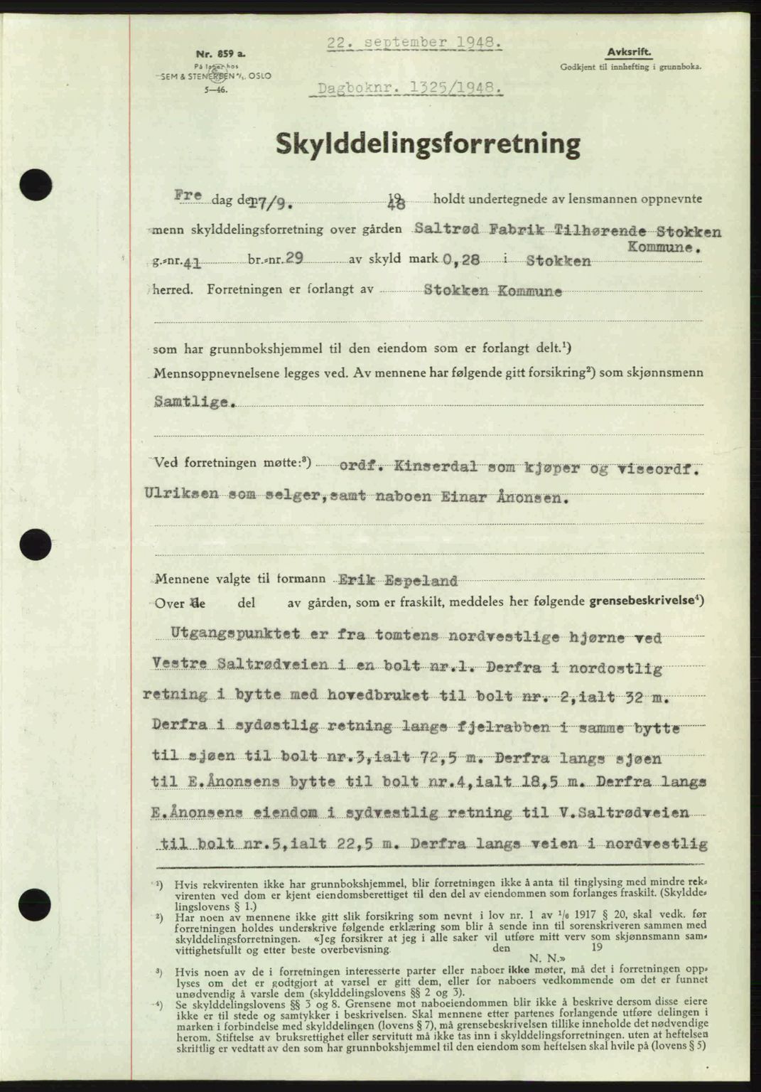 Nedenes sorenskriveri, SAK/1221-0006/G/Gb/Gba/L0059: Mortgage book no. A11, 1948-1948, Diary no: : 1325/1948