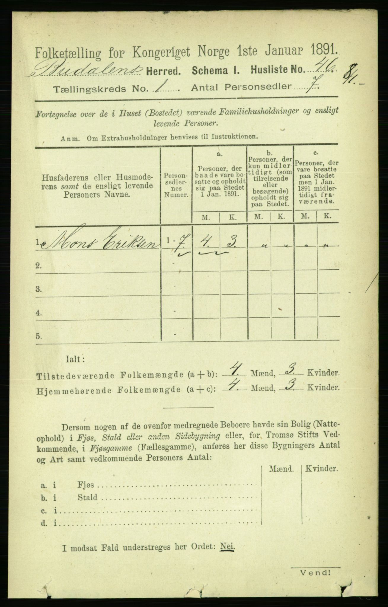 RA, 1891 census for 1647 Budal, 1891, p. 58