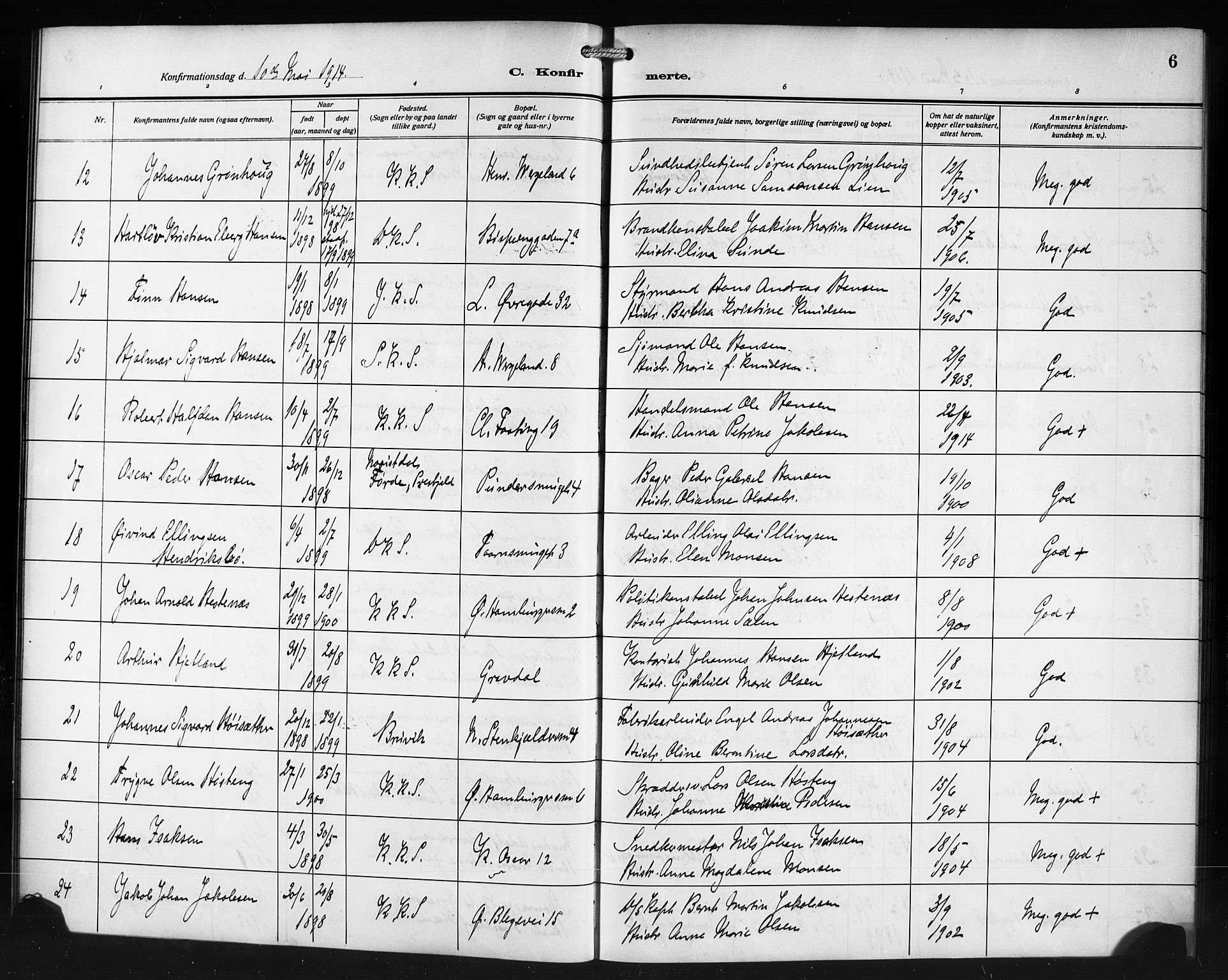 Korskirken sokneprestembete, AV/SAB-A-76101/H/Haa/L0072: Curate's parish register no. A 7, 1913-1920, p. 6