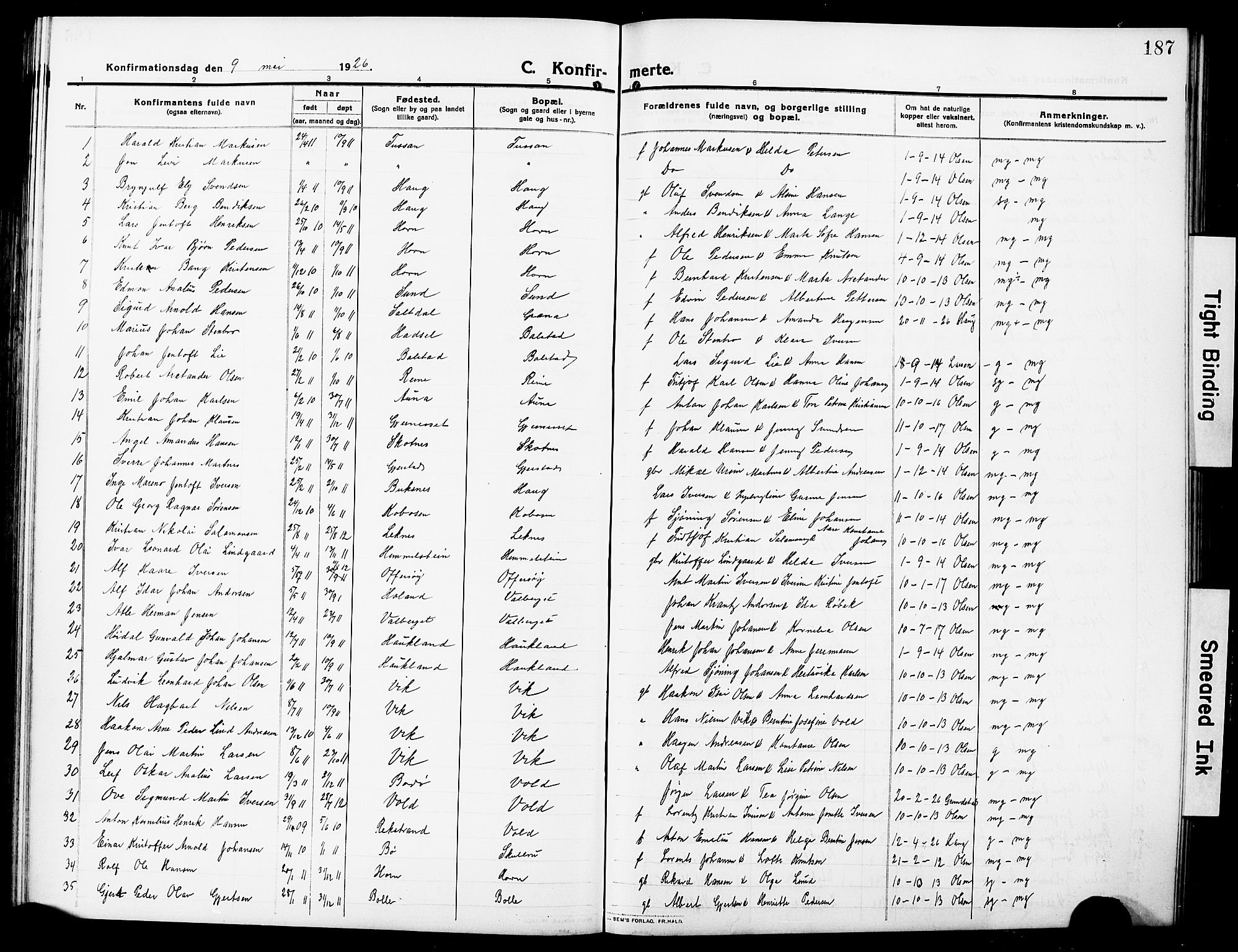 Ministerialprotokoller, klokkerbøker og fødselsregistre - Nordland, SAT/A-1459/881/L1169: Parish register (copy) no. 881C06, 1912-1930, p. 187