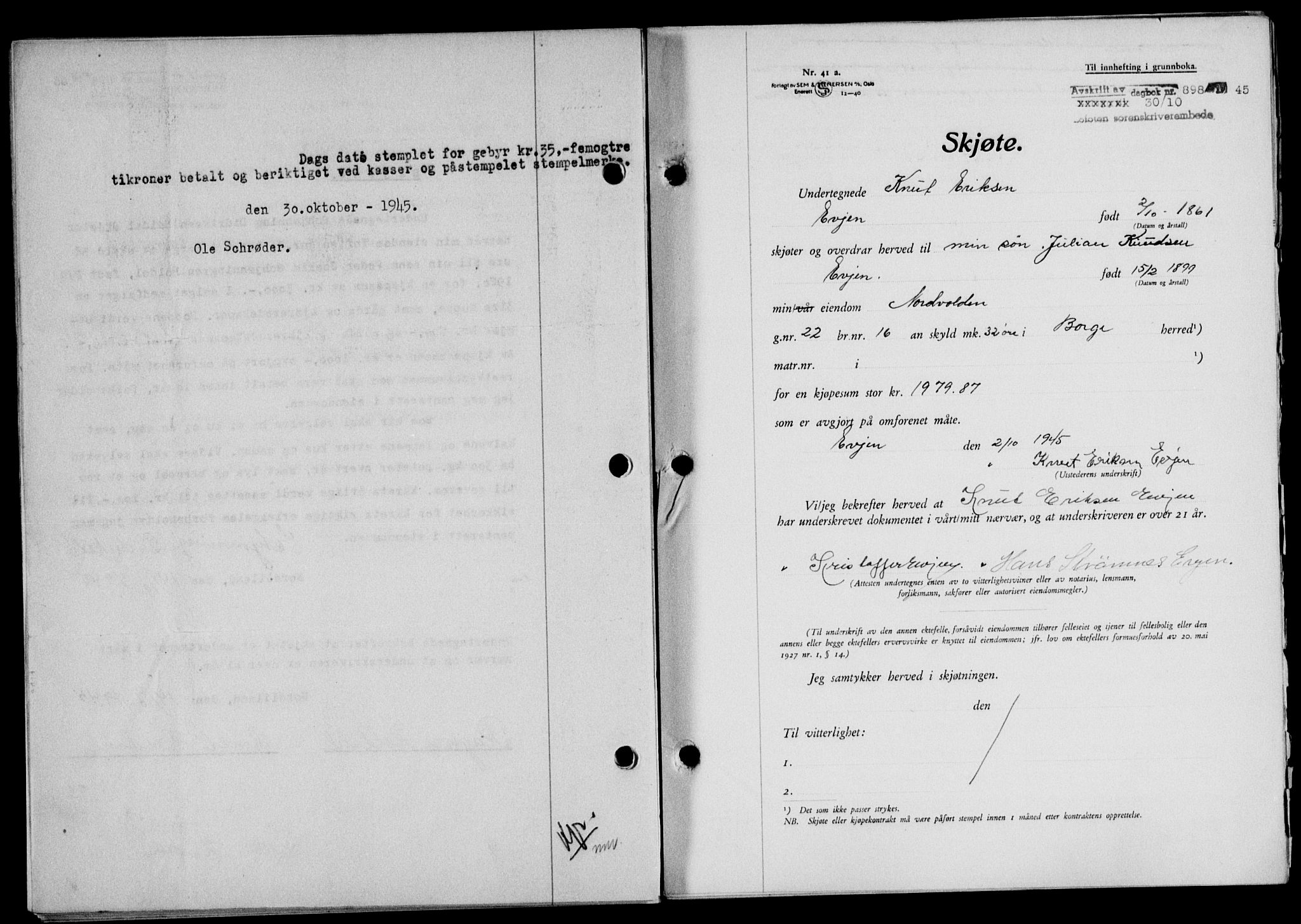Lofoten sorenskriveri, SAT/A-0017/1/2/2C/L0013a: Mortgage book no. 13a, 1944-1946, Diary no: : 898/1945