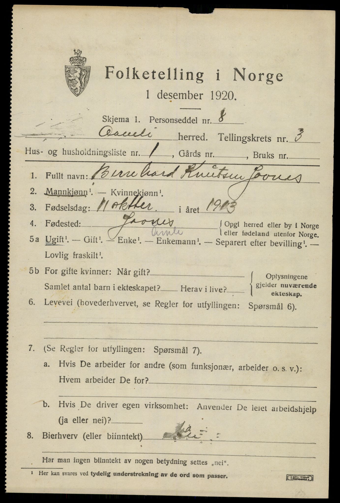 SAK, 1920 census for Åmli, 1920, p. 1265