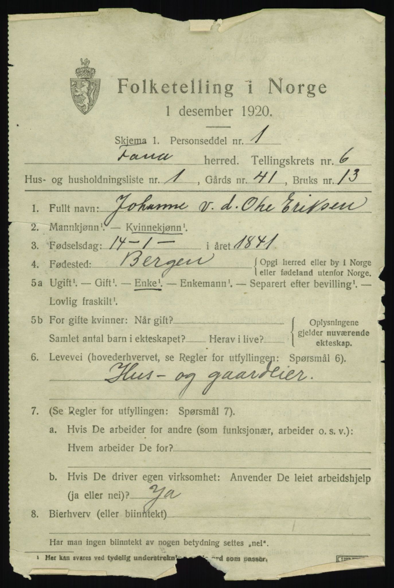 SAB, 1920 census for Fana, 1920, p. 10123