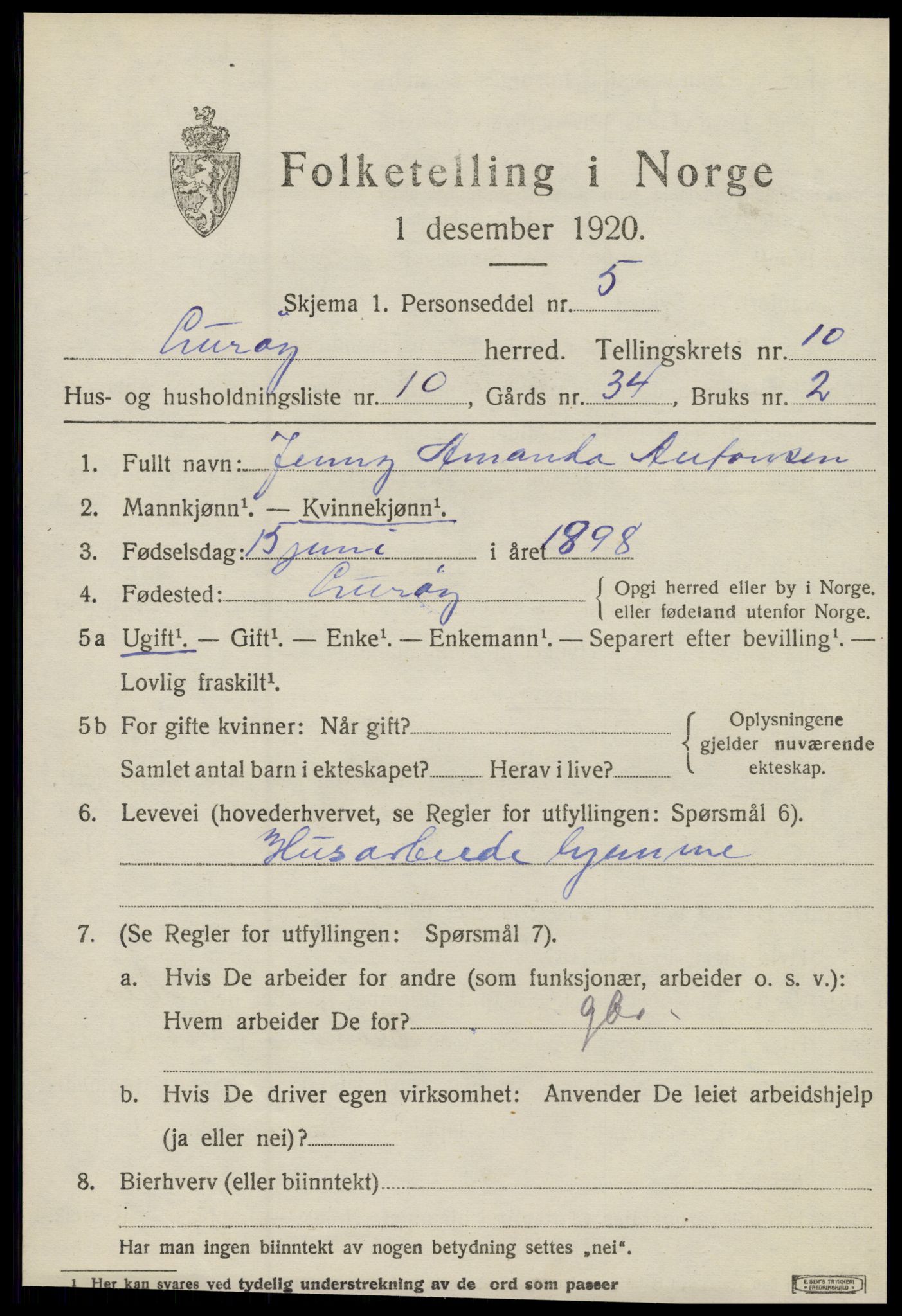 SAT, 1920 census for Lurøy, 1920, p. 4533
