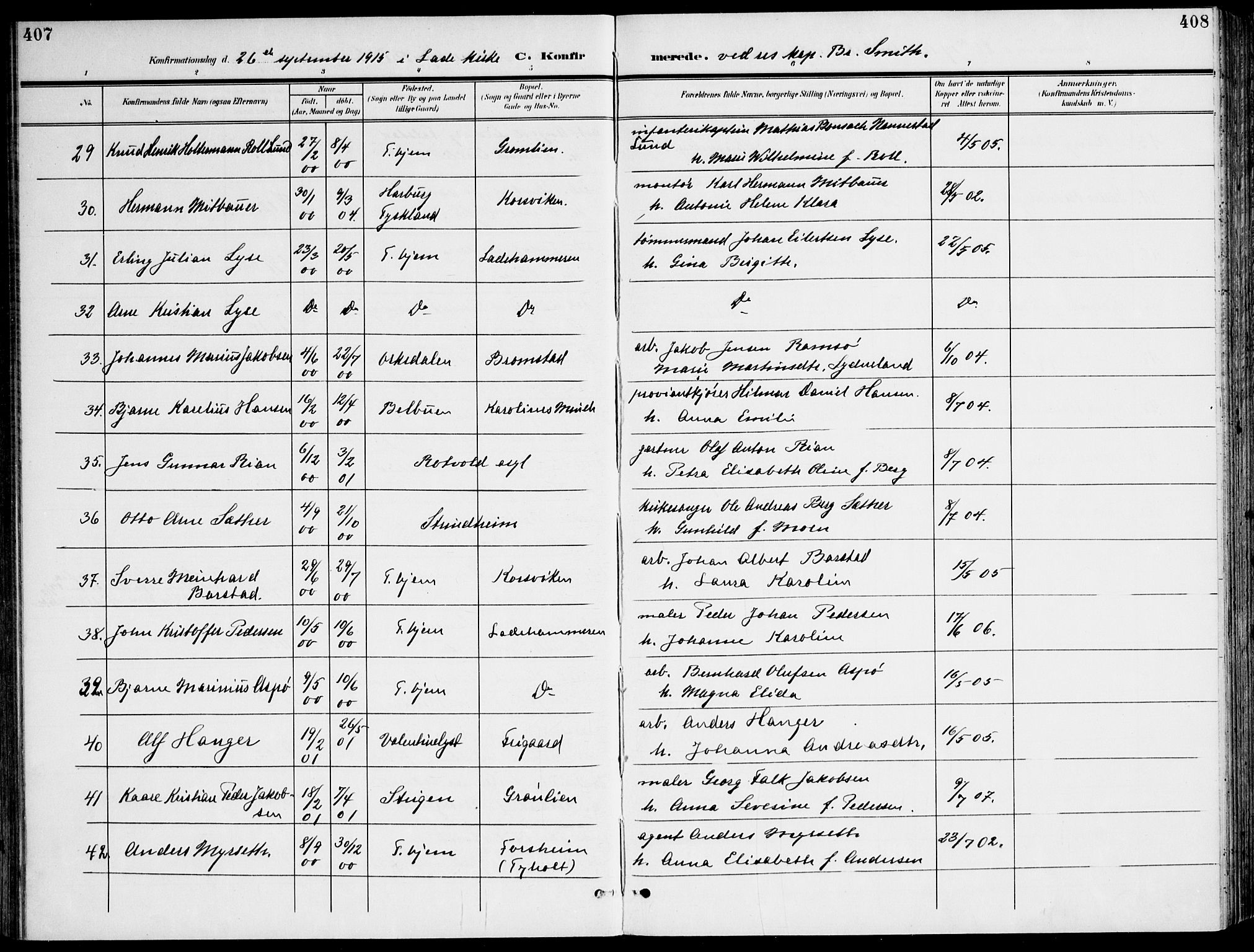 Ministerialprotokoller, klokkerbøker og fødselsregistre - Sør-Trøndelag, AV/SAT-A-1456/607/L0320: Parish register (official) no. 607A04, 1907-1915, p. 407-408