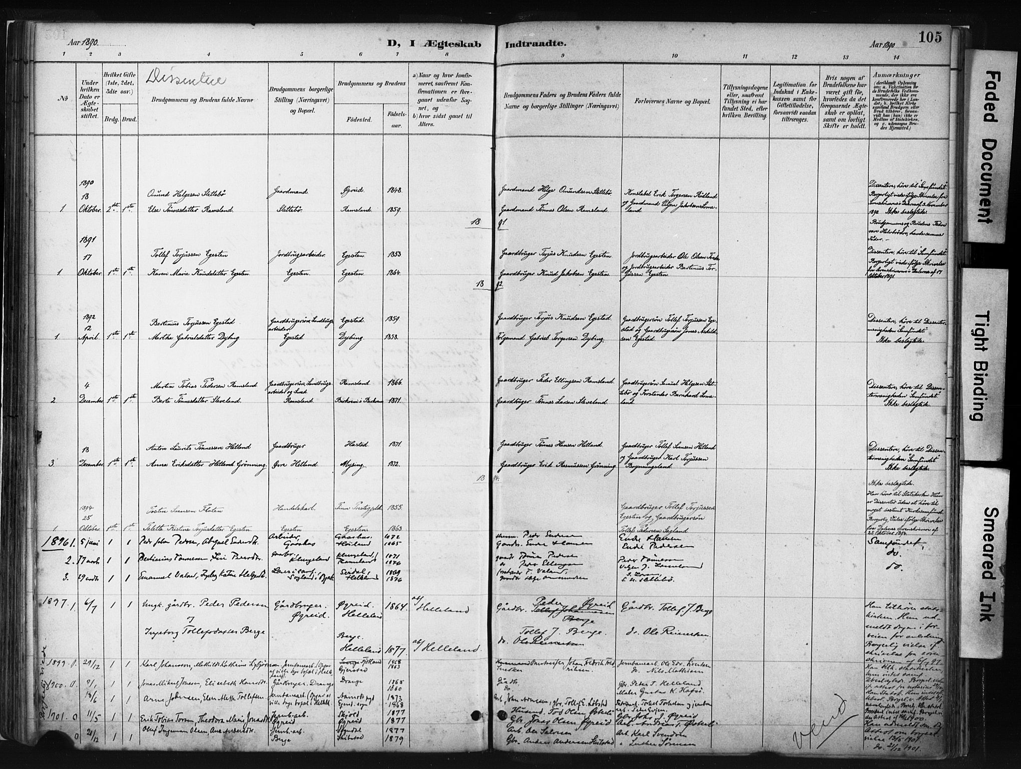 Helleland sokneprestkontor, AV/SAST-A-101810: Parish register (official) no. A 8, 1887-1907, p. 105