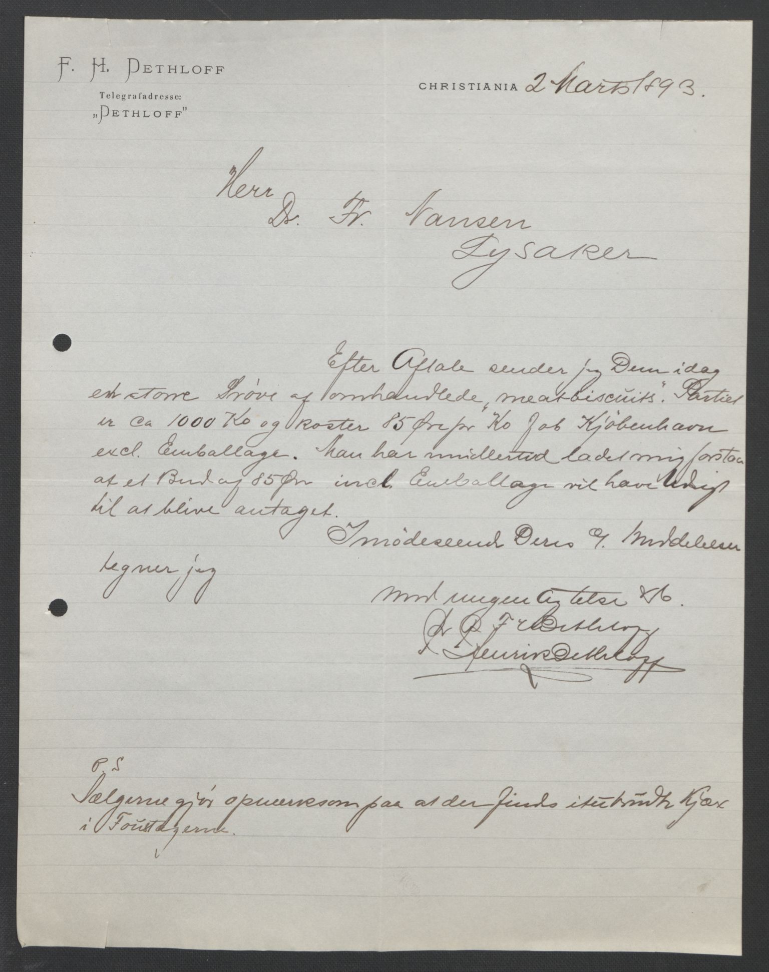 Arbeidskomitéen for Fridtjof Nansens polarekspedisjon, RA/PA-0061/D/L0004: Innk. brev og telegrammer vedr. proviant og utrustning, 1892-1893, p. 144