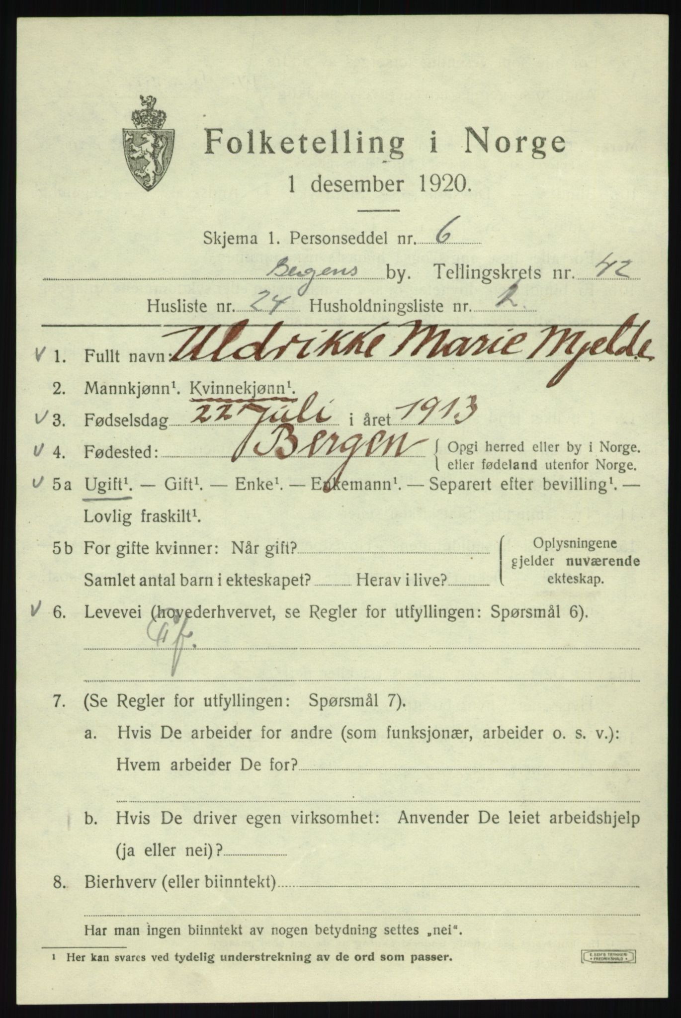 SAB, 1920 census for Bergen, 1920, p. 110375