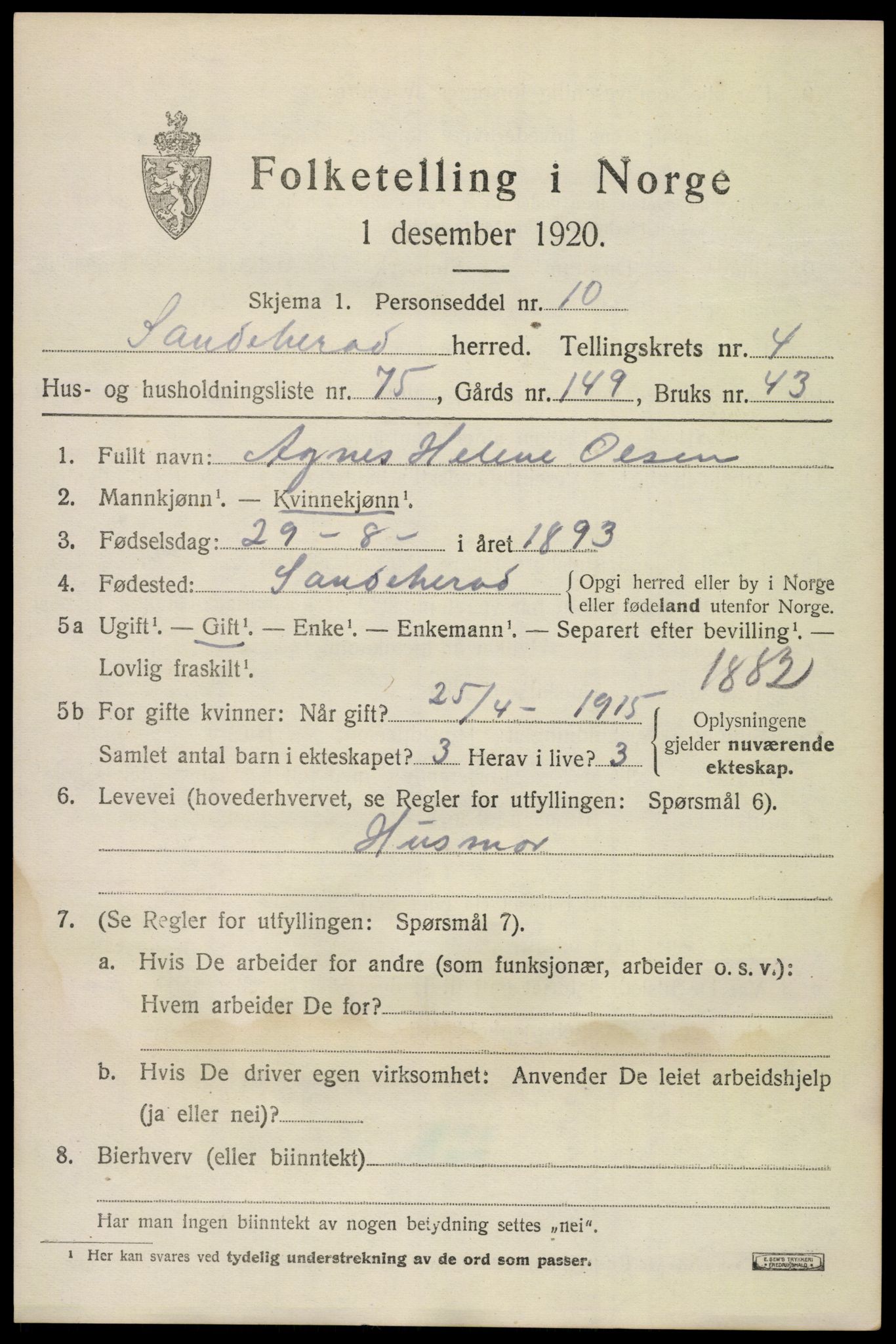 SAKO, 1920 census for Sandeherred, 1920, p. 7460