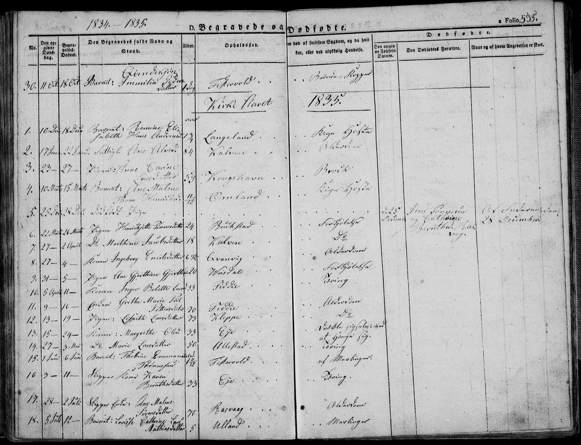 Flekkefjord sokneprestkontor, SAK/1111-0012/F/Fb/Fbb/L0002: Parish register (copy) no. B 2b, 1831-1866, p. 535