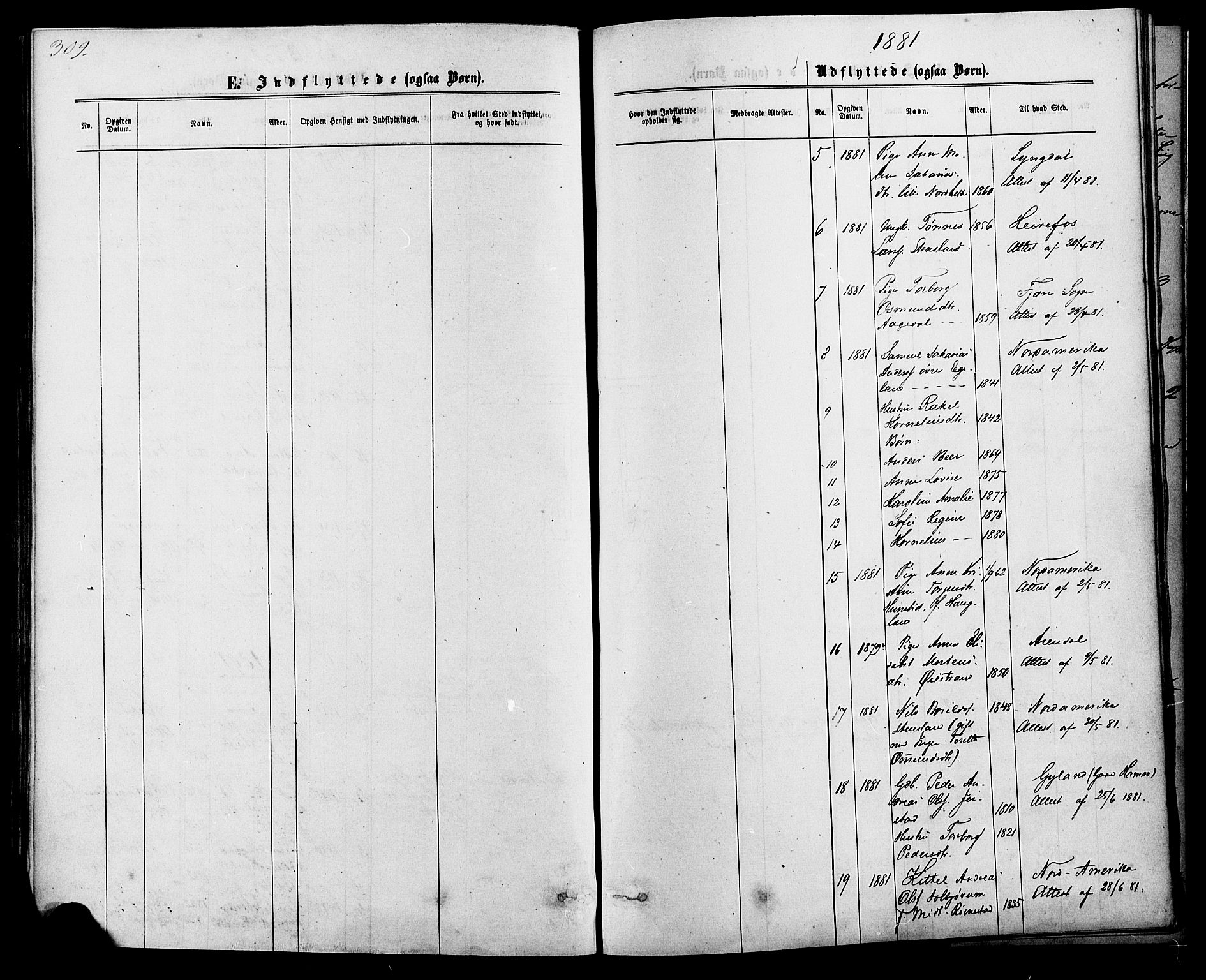 Kvinesdal sokneprestkontor, SAK/1111-0026/F/Fa/Fab/L0007: Parish register (official) no. A 7, 1870-1885, p. 309