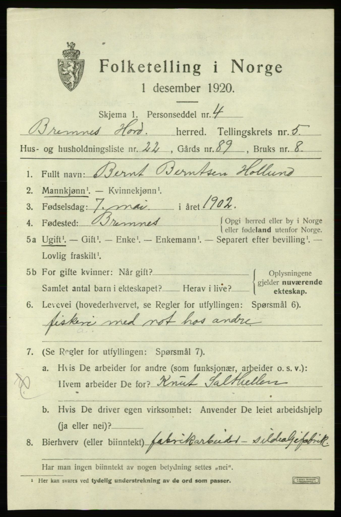 SAB, 1920 census for Bremnes, 1920, p. 2774