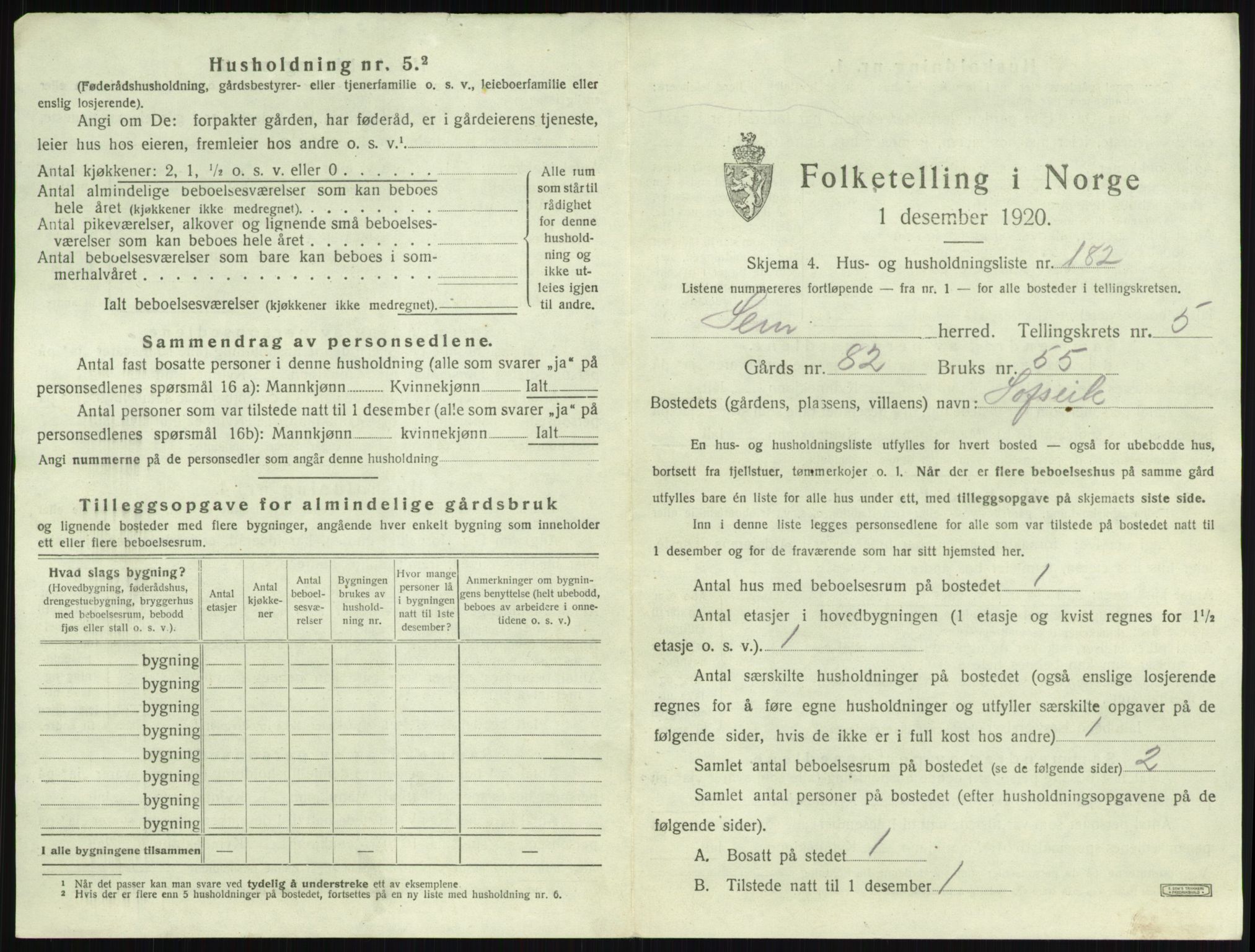 SAKO, 1920 census for Sem, 1920, p. 1256