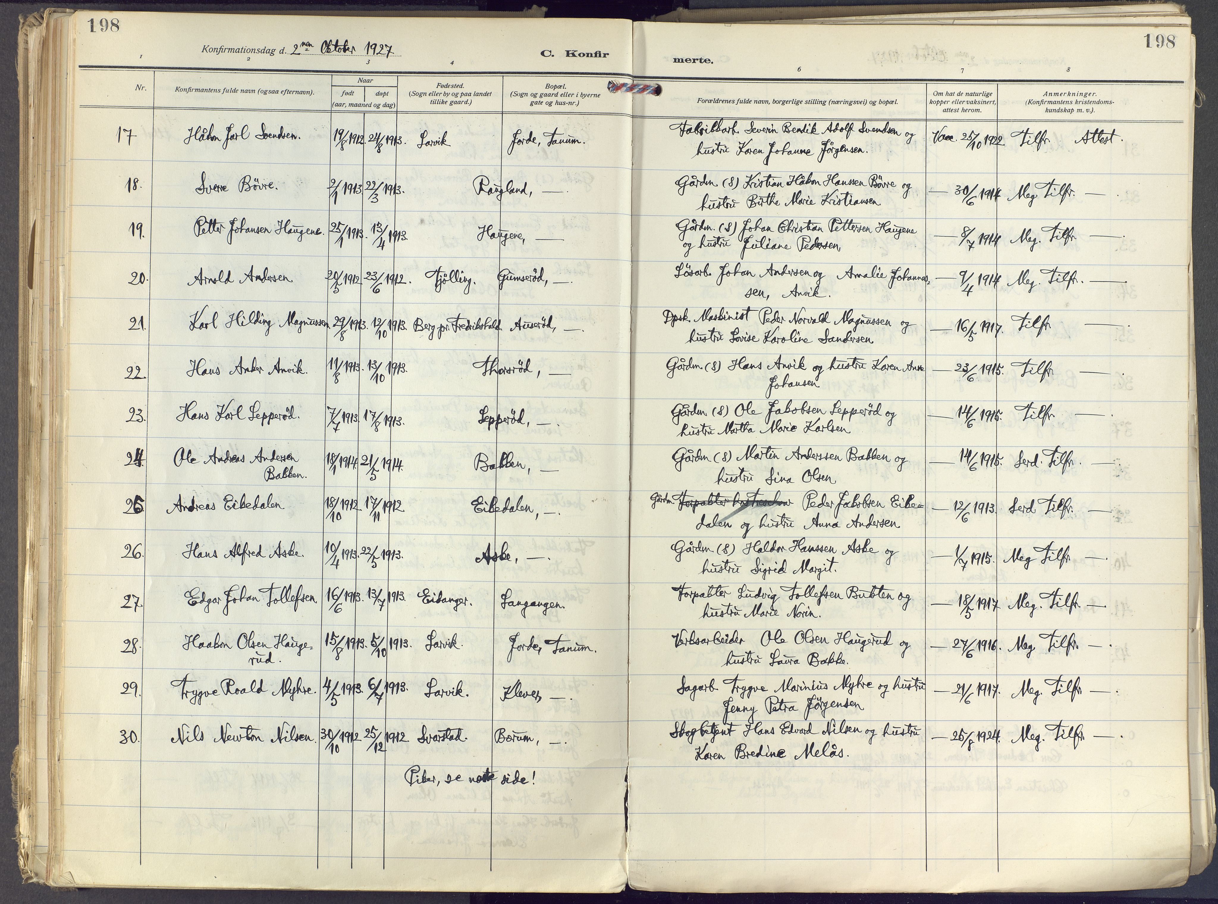 Brunlanes kirkebøker, AV/SAKO-A-342/F/Fc/L0004: Parish register (official) no. III 4, 1923-1943, p. 198