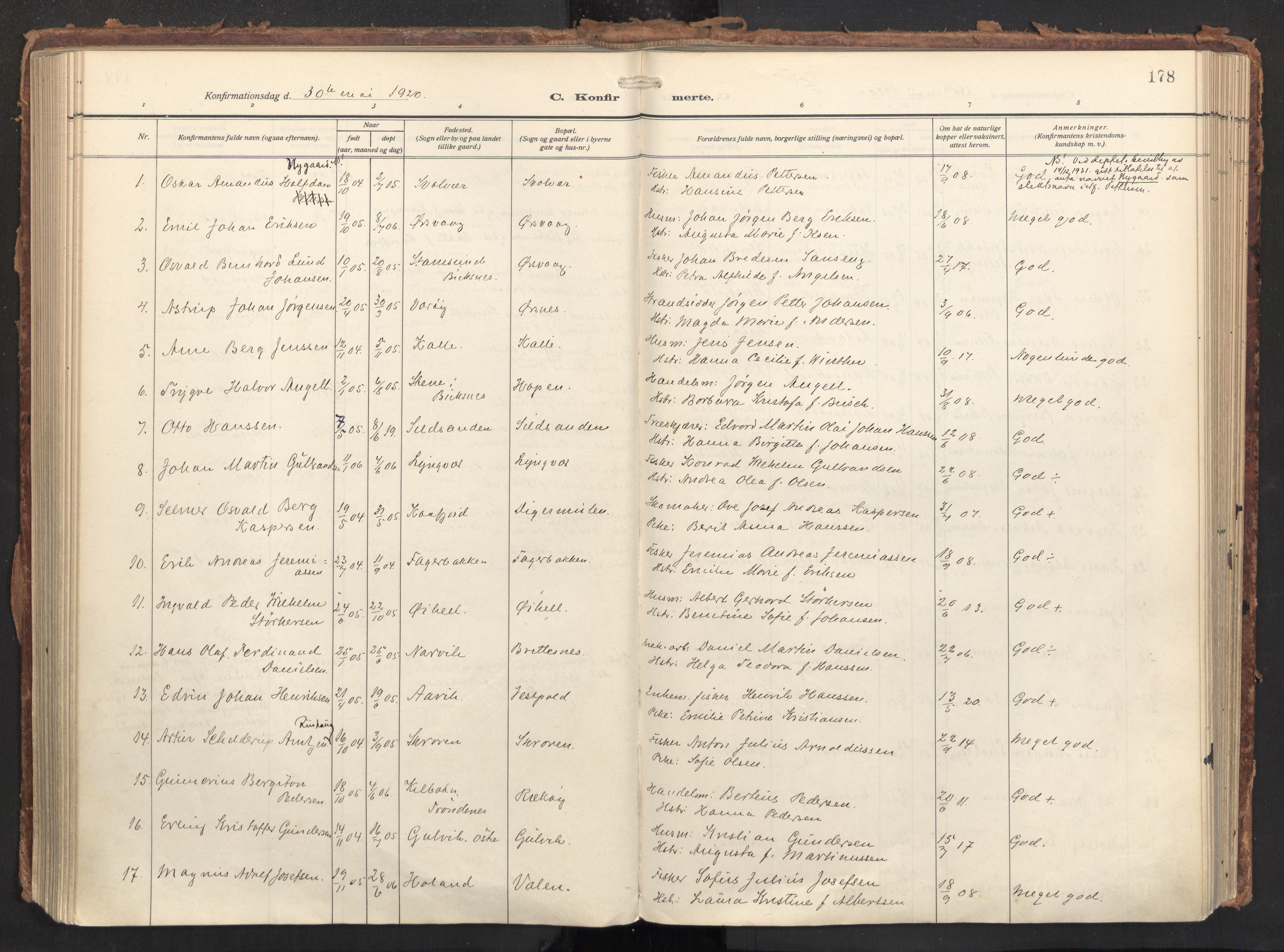 Ministerialprotokoller, klokkerbøker og fødselsregistre - Nordland, SAT/A-1459/874/L1064: Parish register (official) no. 874A08, 1915-1926, p. 178