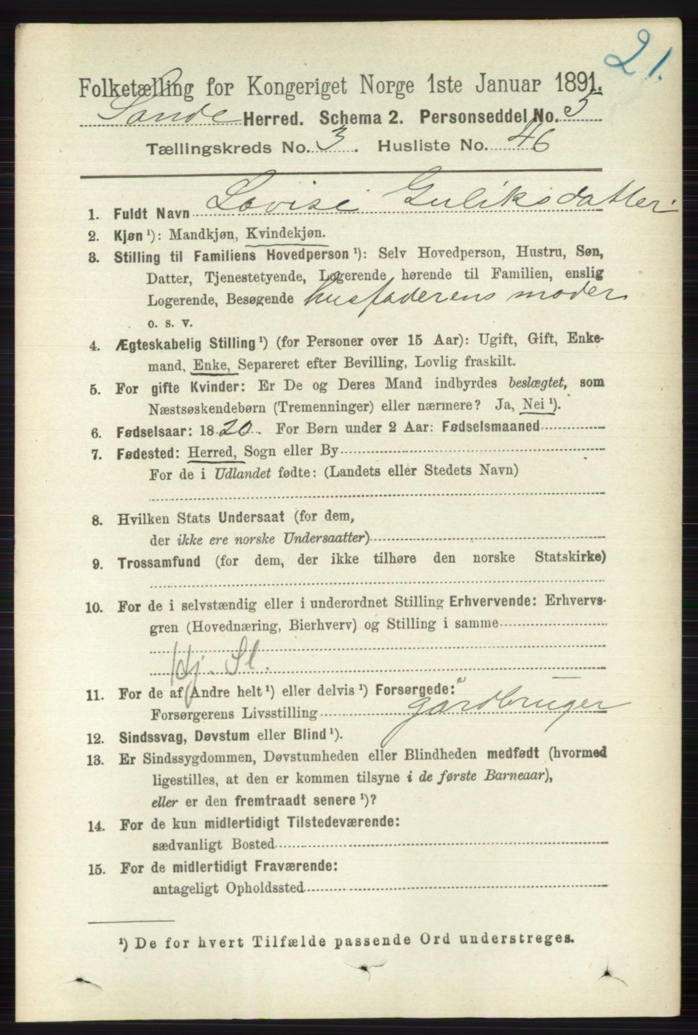RA, 1891 census for 0713 Sande, 1891, p. 1211