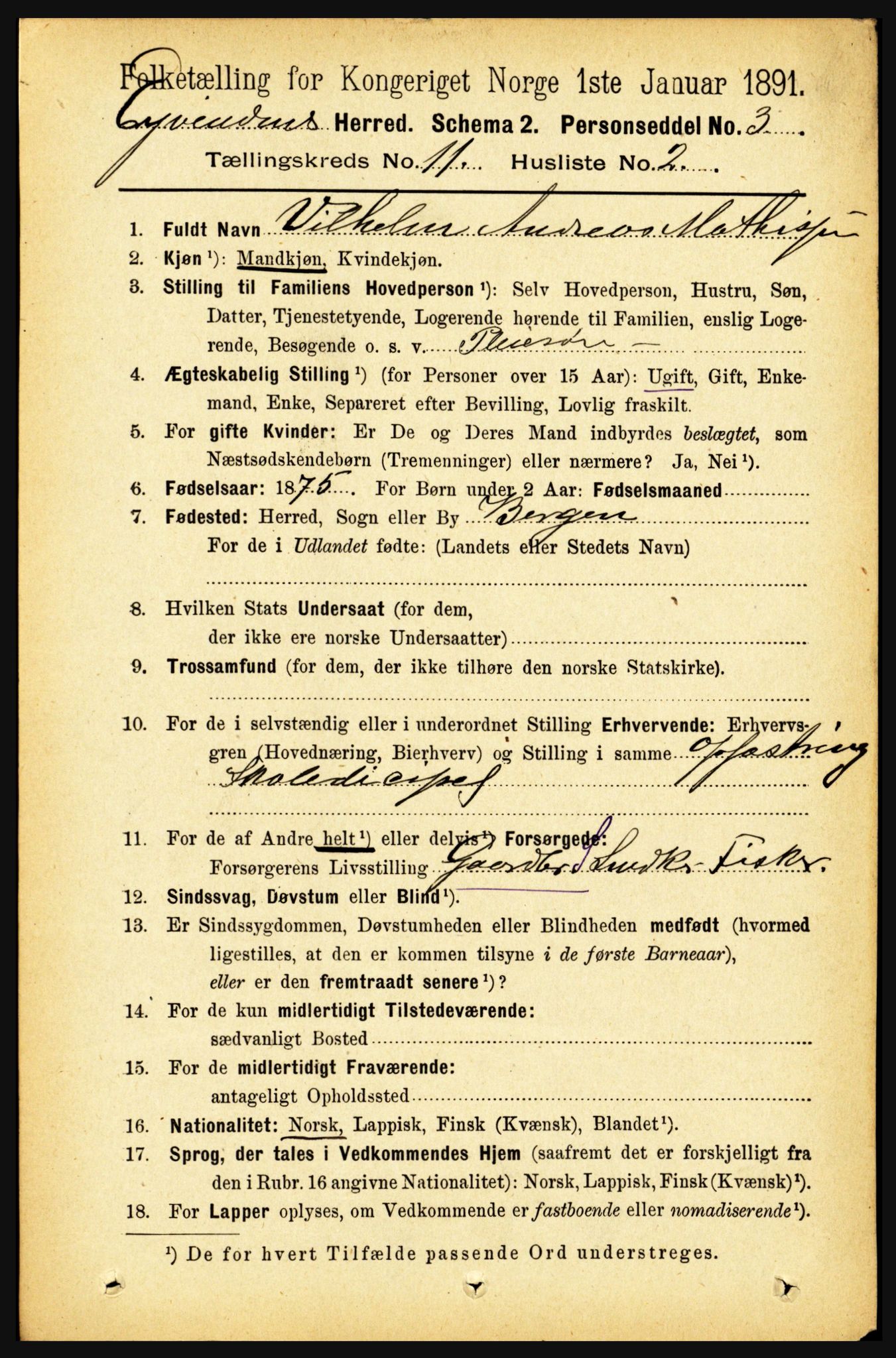 RA, 1891 census for 1853 Evenes, 1891, p. 3478