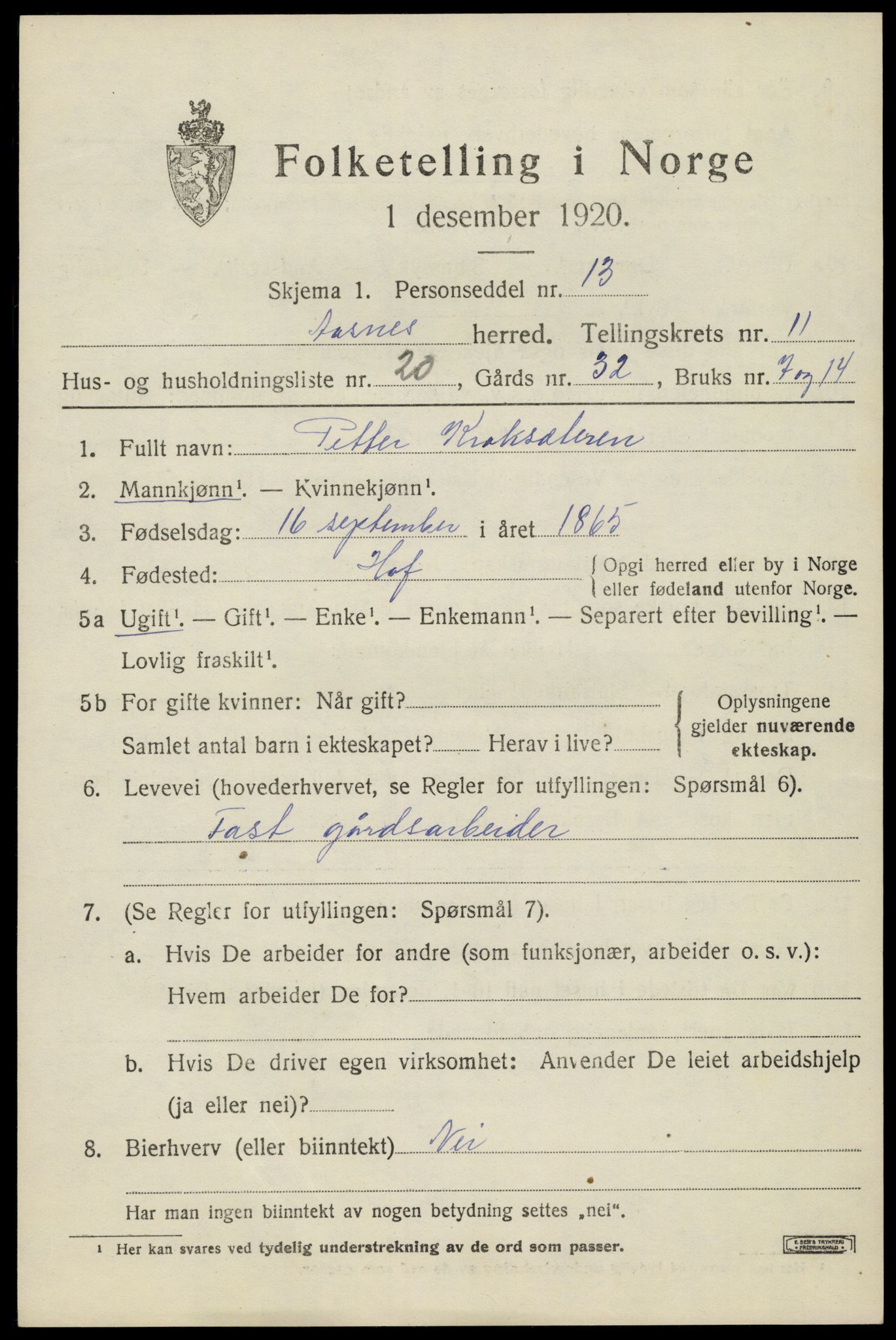 SAH, 1920 census for Åsnes, 1920, p. 11746