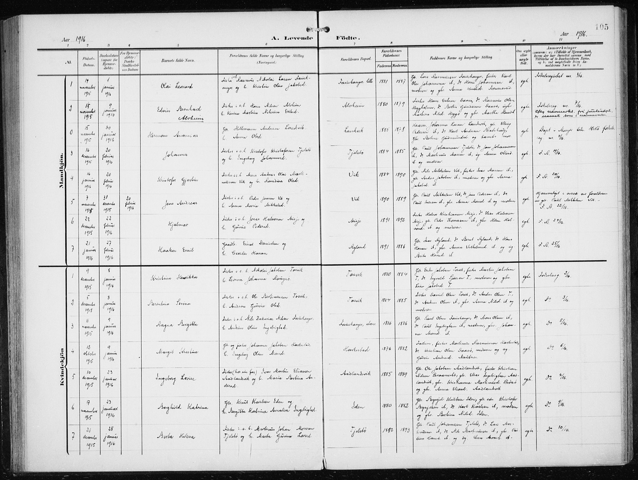 Herdla Sokneprestembete, SAB/A-75701/H/Haa: Parish register (official) no. A 5, 1905-1918, p. 105