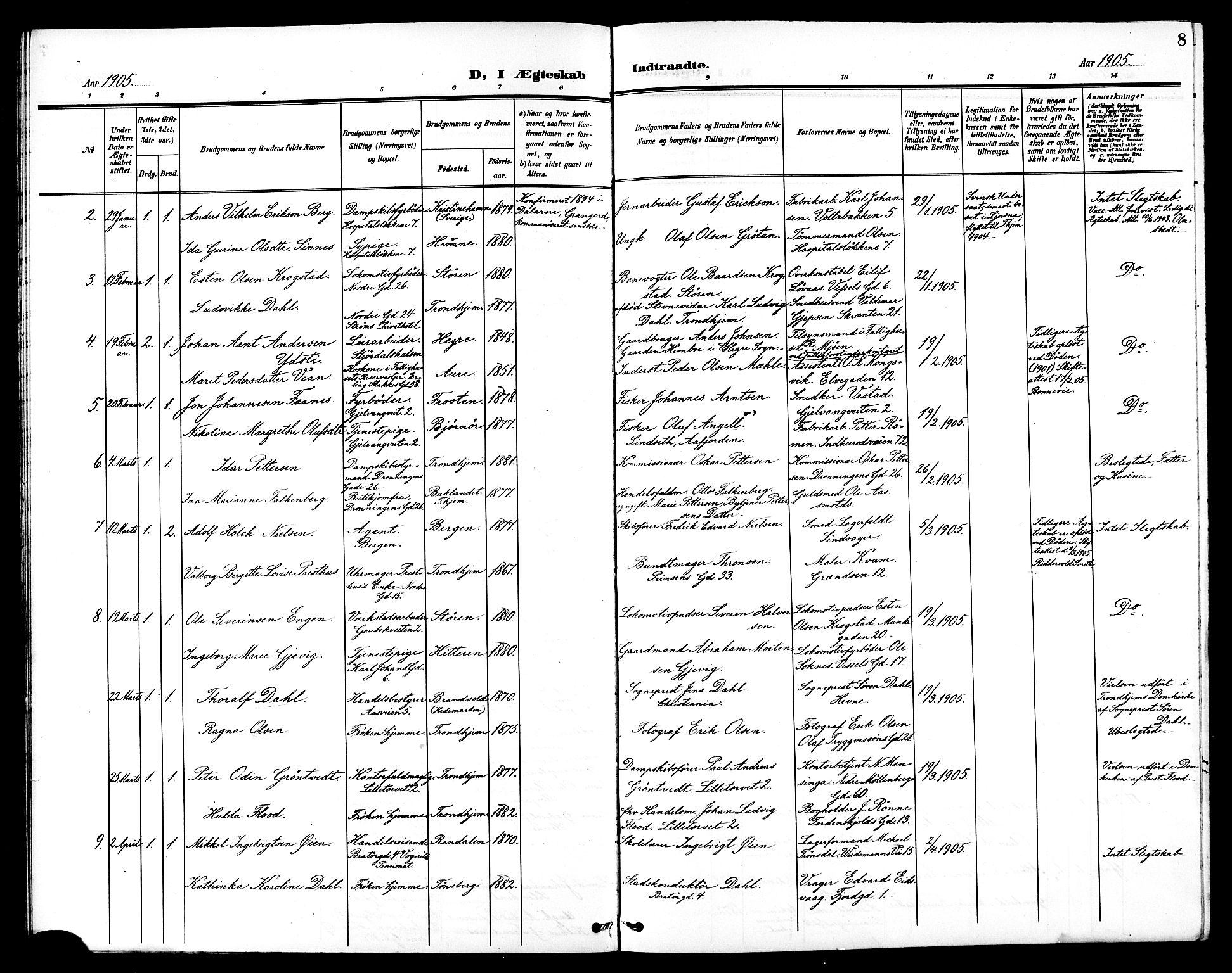 Ministerialprotokoller, klokkerbøker og fødselsregistre - Sør-Trøndelag, SAT/A-1456/602/L0145: Parish register (copy) no. 602C13, 1902-1919, p. 8
